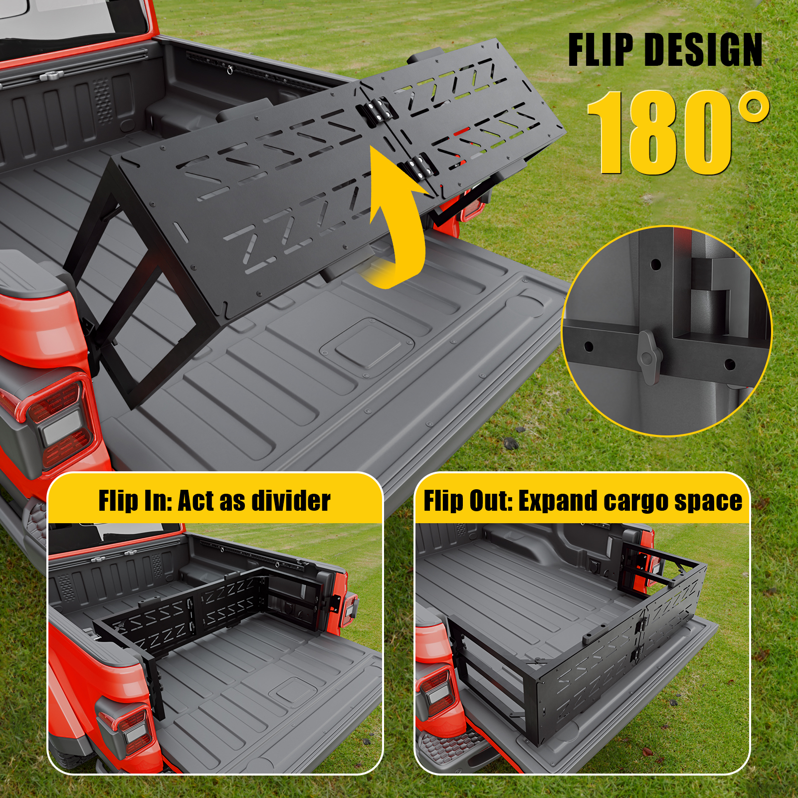 Maxzina Truck Bed Extender Compatible with 2020-2026 Jeep Gladiator Flip-Over Pickup Bed Divider Aluminum Alloy Rotatable Tailgate Extension for 2025 Gladiator Accessories