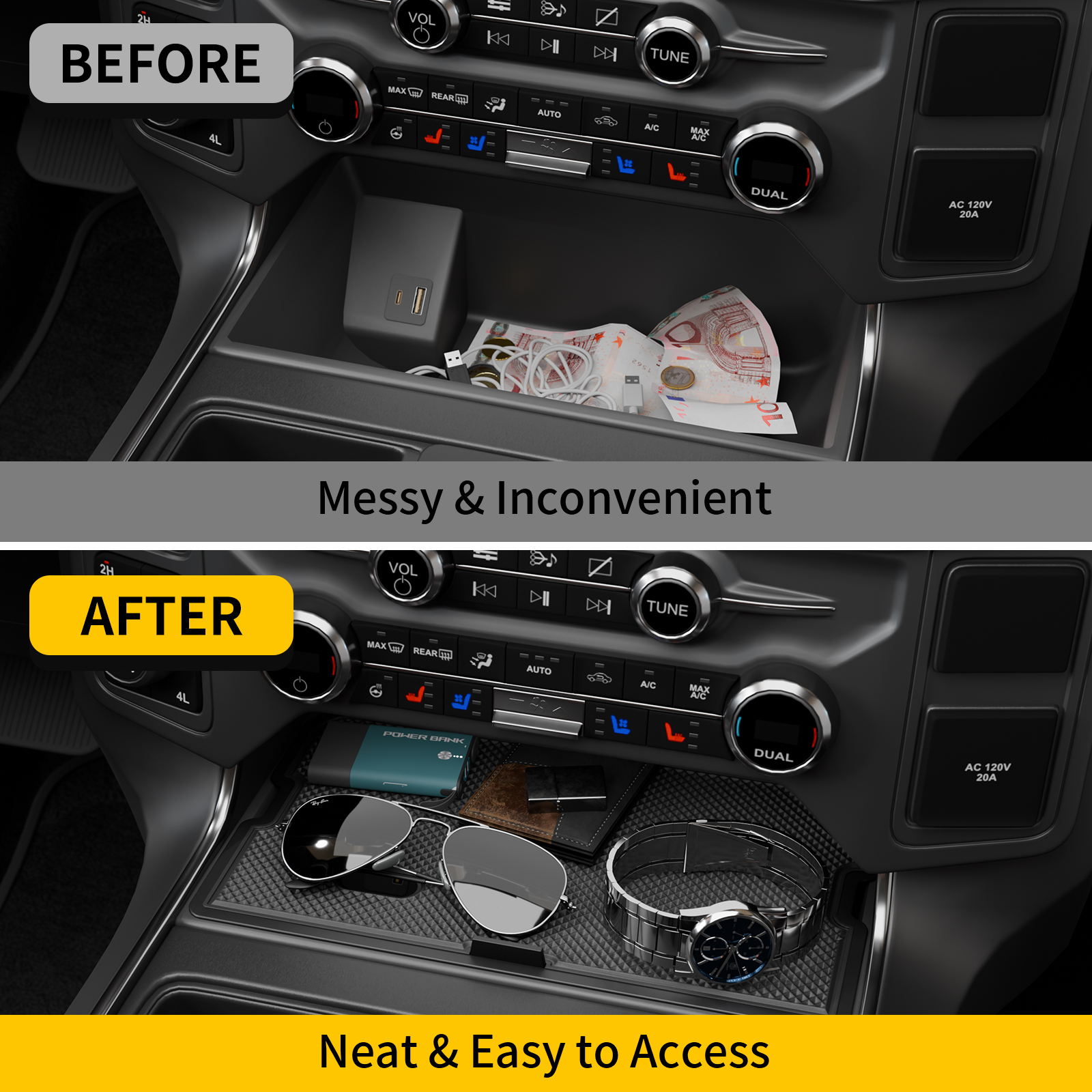 Maxzina Center Console Compartment Cover Compatible with 2021-2025 F150 & 2022-2025 F150 Lightning XLT Gear Shifter Front Hidden Pocket Lid with 3 USB Hole Secret Panel (Open Pocket W/O Lid ONLY)