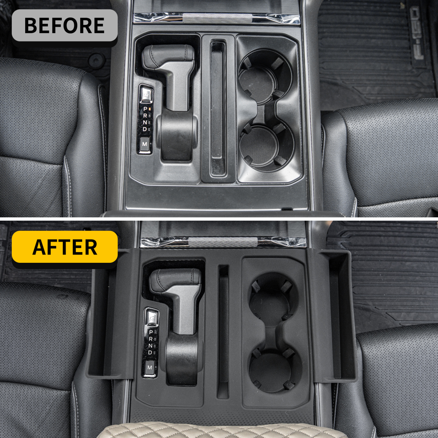 Maxzina Gear Shift Panel Tray Compatible with 2021-2025 Ford F150 Center Console Storage Gear Shifter Organizer with Cup Holder Insert for 2024 F-150 Accessories (40/Console/40 with Shift Knob ONLY)