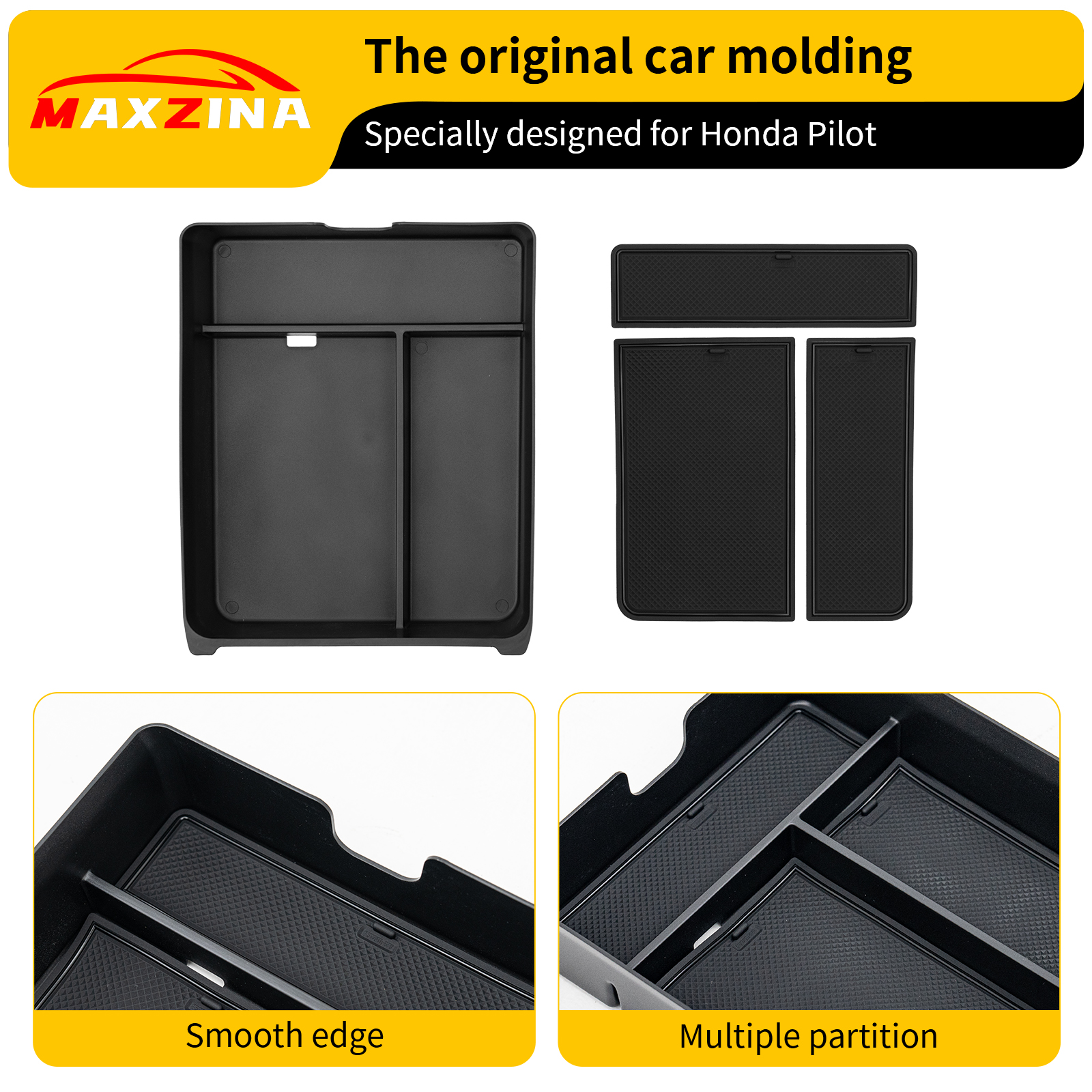 Maxzina Center Console Organizer Compatible with 2023-2025 Honda Pilot Center Console Storage Box ABS Plastic Armrest Storage Tray with PVC Pad