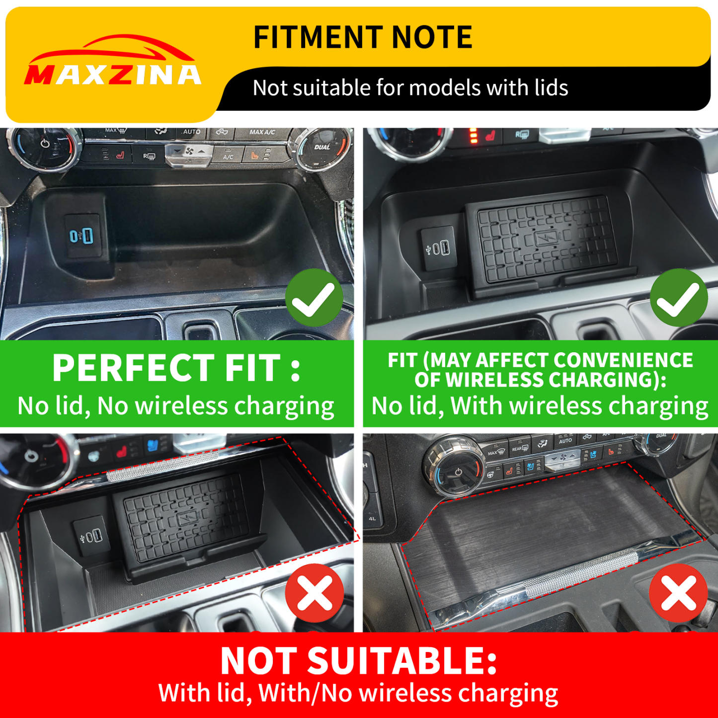 Maxzina Center Console Compartment Cover Compatible with 2021-2025 F150 & 2022-2025 F150 Lightning XLT Gear Shifter Front Hidden Pocket Lid with 3 USB Hole Secret Panel (Open Pocket W/O Lid ONLY)