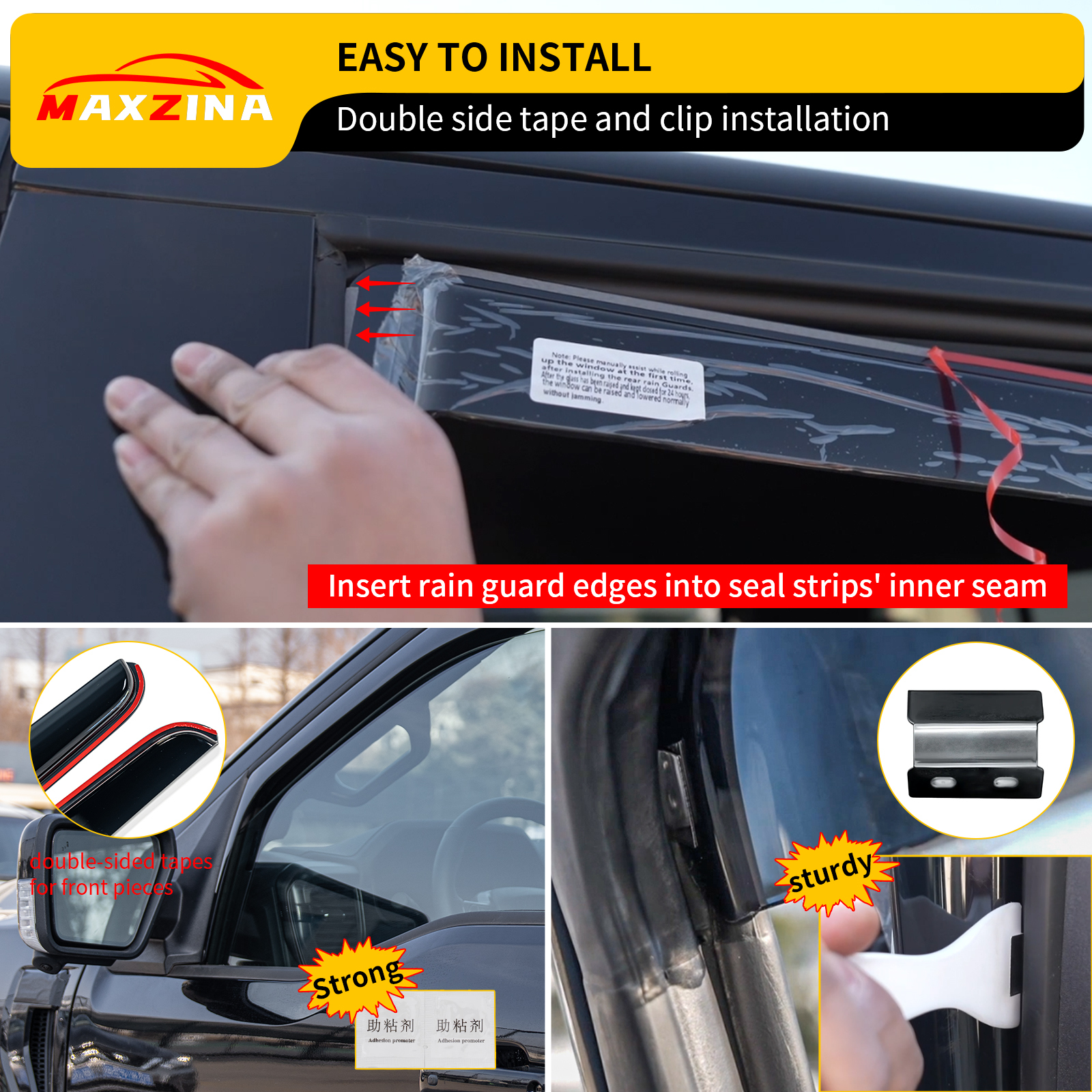 Maxzina Extended Visor Rain Guards Compatible with 2015+ F150 2017+ Raptor F-250 F-350 F-450 F-550 Super Duty SuperCrew Front and Rear in-Channel Window Visors Wind Deflectors 4PCS