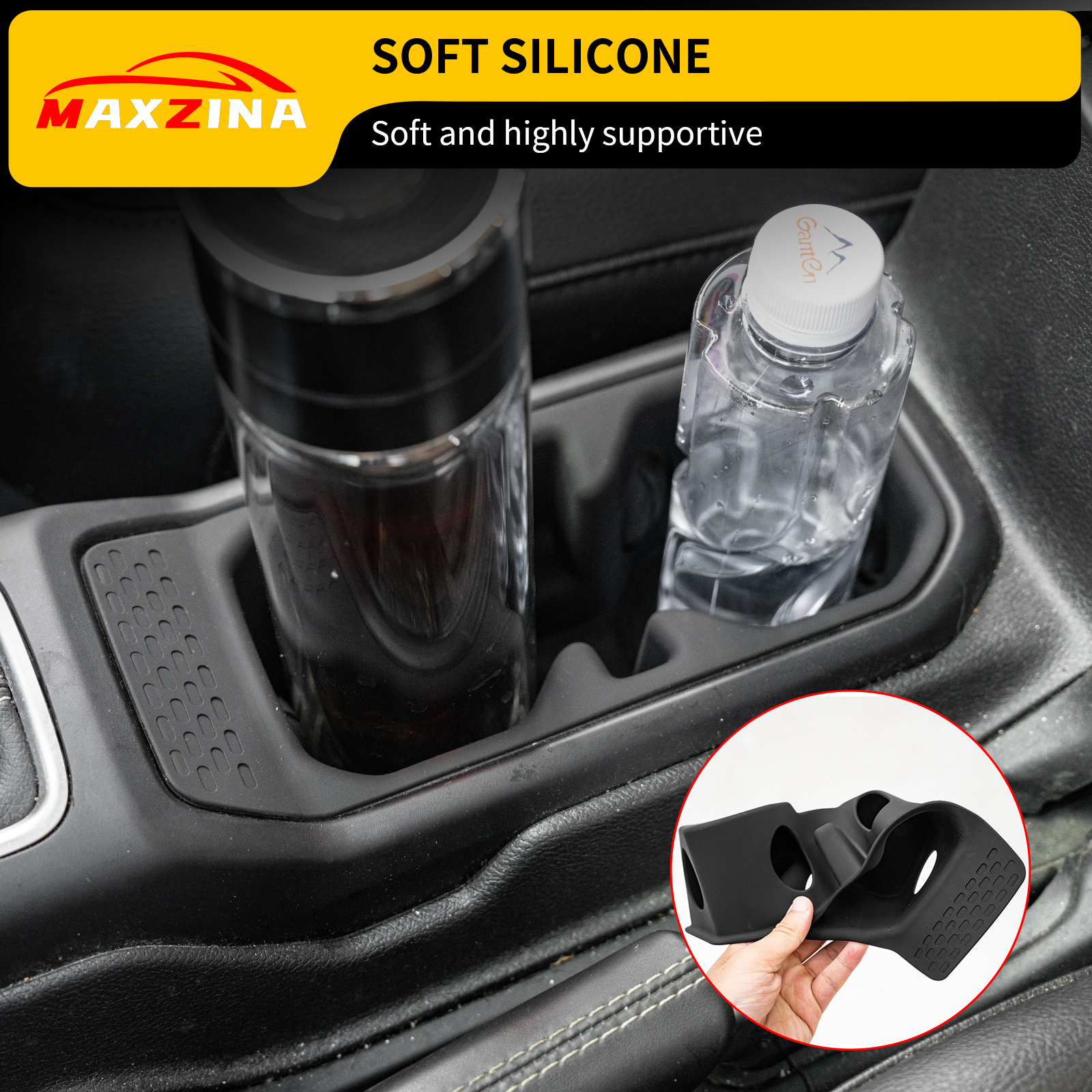 Maxzina Cup Holder Compatible with 2018-2026 Jeep Gladiator JT & Wrangler JL JLU 4XE Insert Center Console Cup Holder Soft Silicone Black Bottle Holder Interior Decoration 2025 Gladiator Accessories