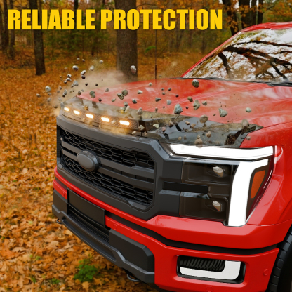 Maxzina ABS Hood Protector with LED Lights Compatible with 2021-2026 Ford F150 XL/STX/XLT/Lariat Hood Shield Bug Deflector 3-Piece Bonnet Guard for 2025 Ford F-150 Accessories (Amber Lights)