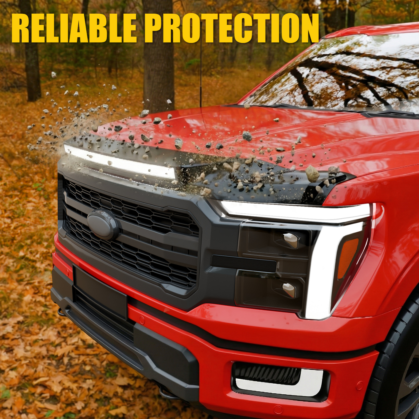 Maxzina ABS Hood Protector with LED Lights Compatible with 2021-2026 Ford F150 XL/STX/XLT/Lariat Hood Shield Bug Deflector 3-Piece Bonnet Guard for 2025 Ford F-150 Accessories (Strip White Light)