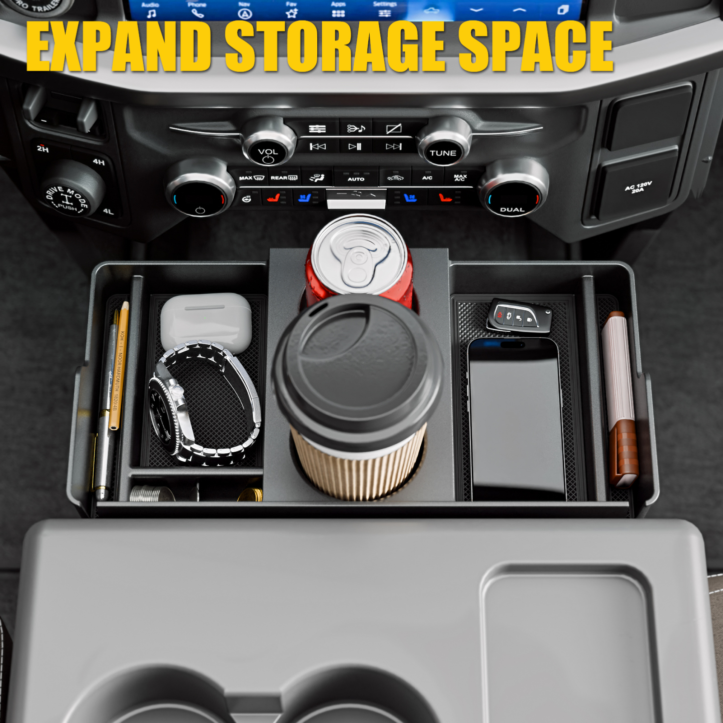 Maxzina Front Center Seat Headrest Organizer Compatible with 2011-2025 2026 Ford F150 F250 F350 F450 F550 F650 (Only for Jump Seat Console) Coin Container Storage Box with Non-Slip Silicone Pad