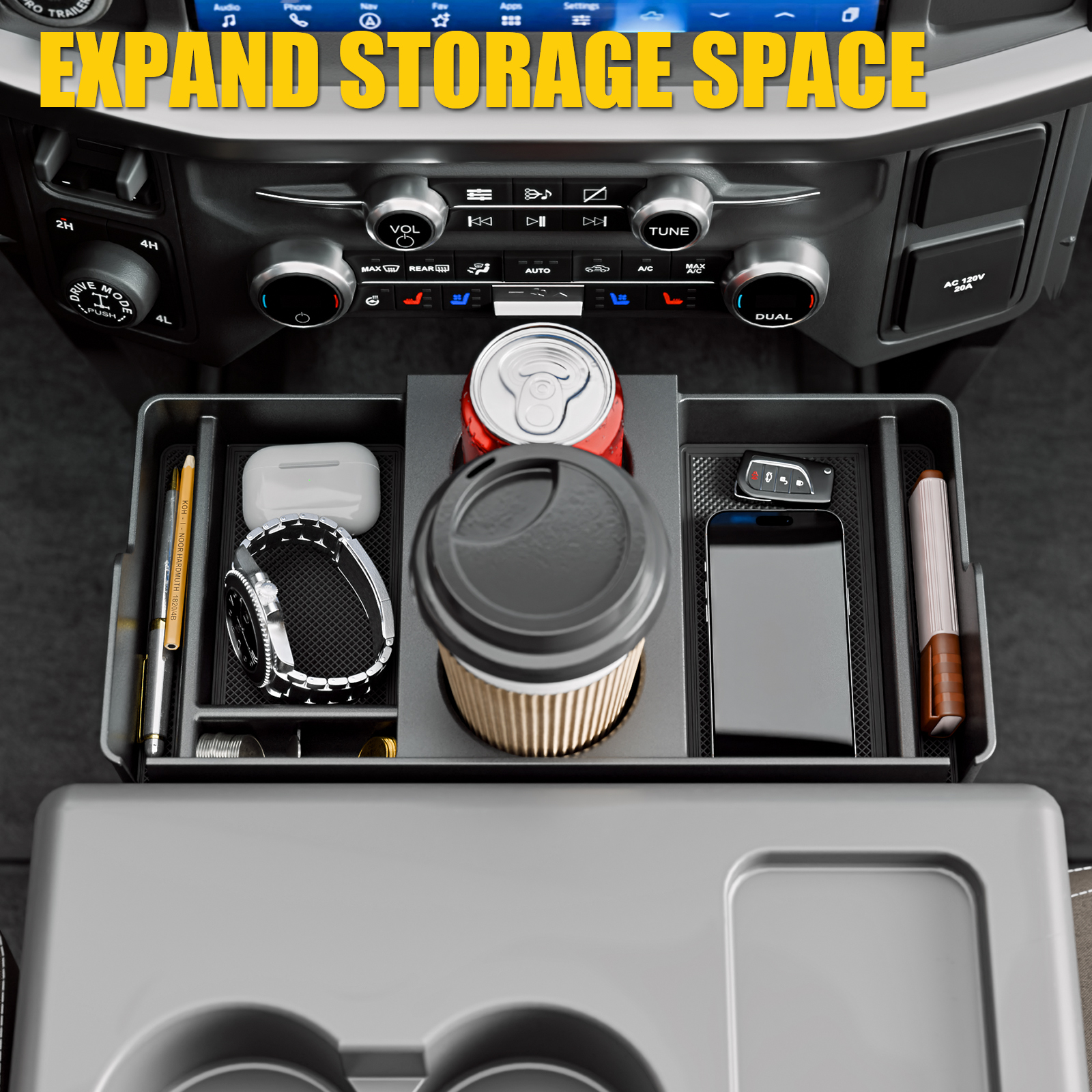 Maxzina Front Center Seat Headrest Organizer Compatible with 2011-2025 2026 Ford F150 F250 F350 F450 F550 F650 (Only for Jump Seat Console) Coin Container Storage Box with Non-Slip Silicone Pad