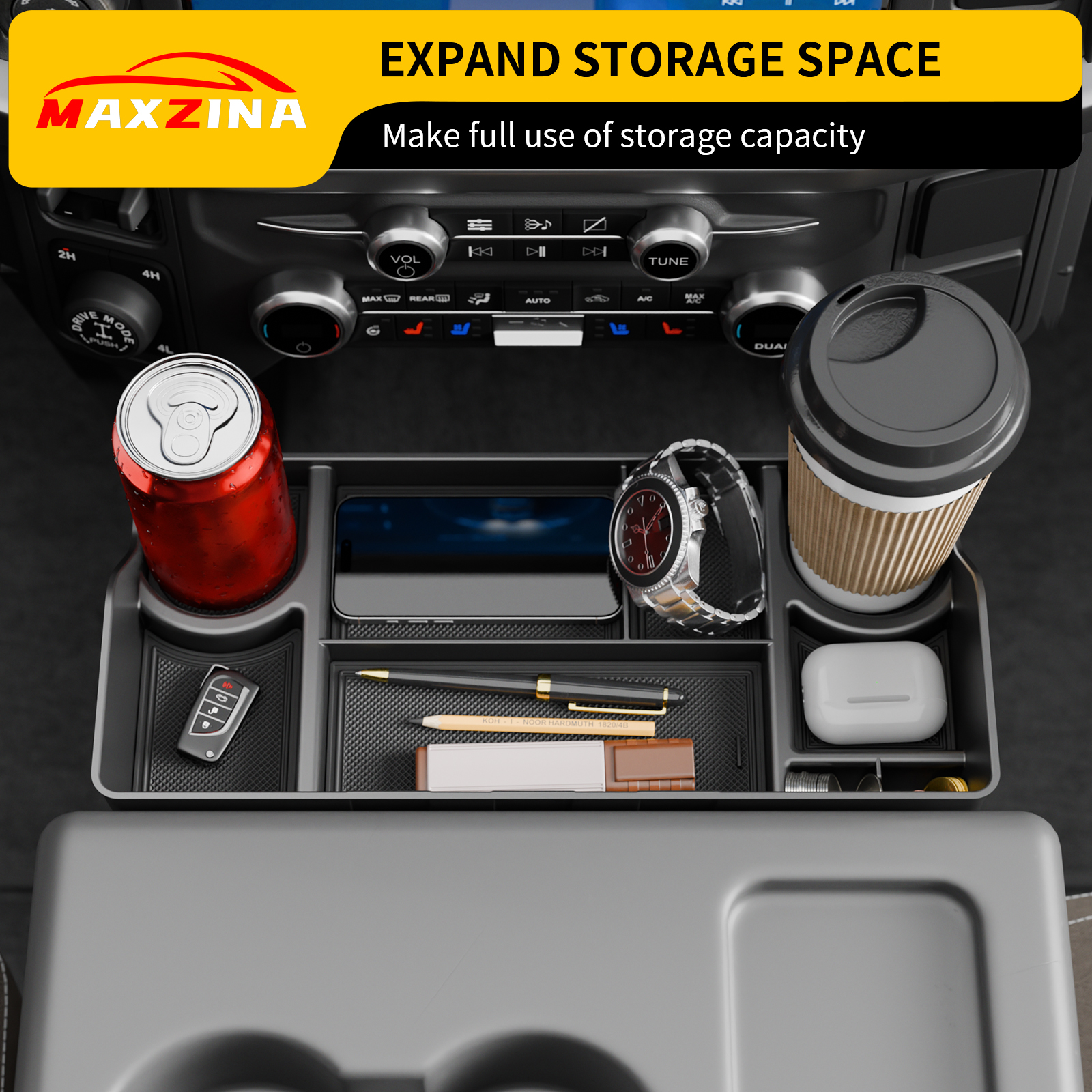 Maxzina Front Center Seat Headrest Organizer Compatible with 2011-2025 Ford F150 F250 F350 F450 F550 F650 (Only for Jump Seat Console) Coin Container Storage Box with Non-Slip Silicone Pad