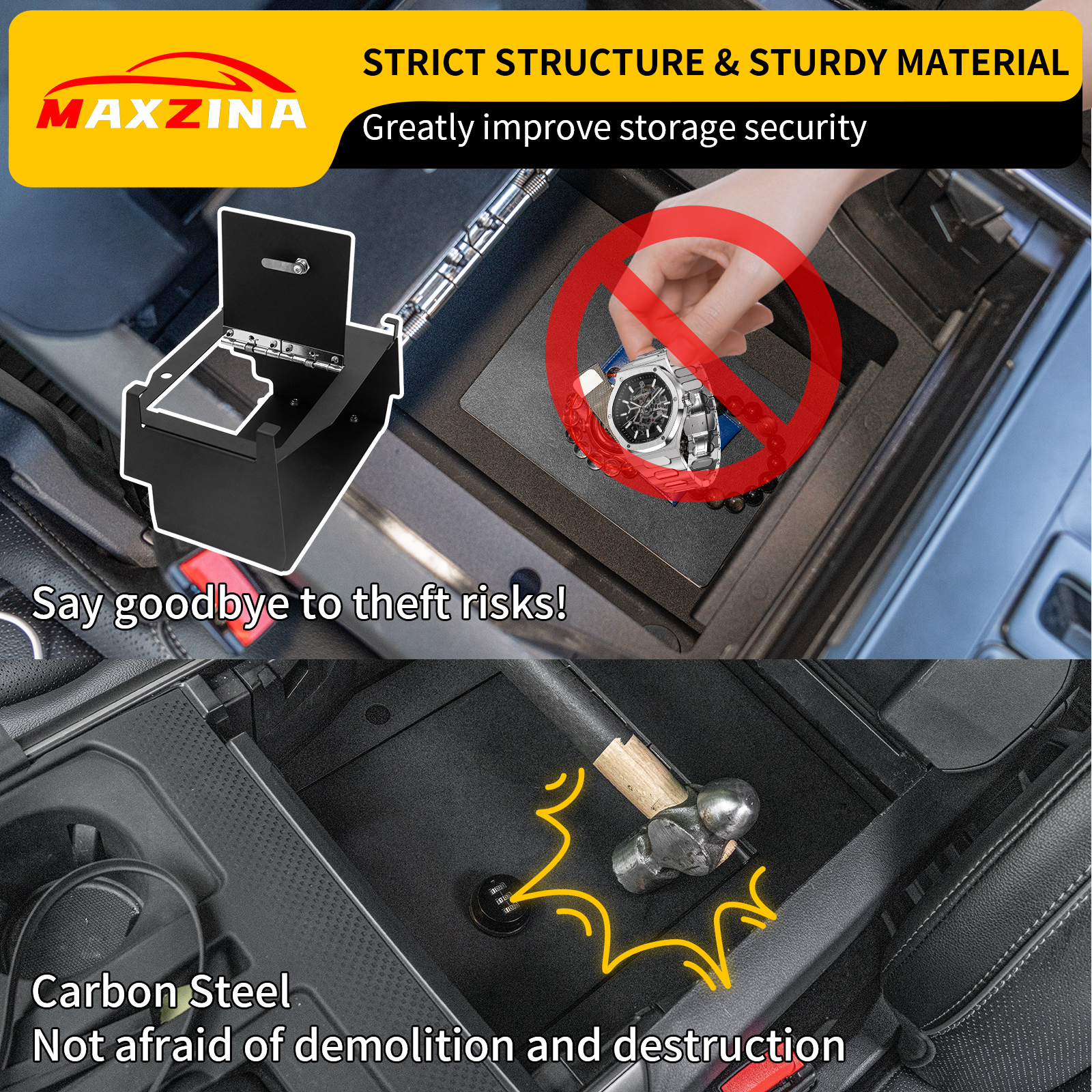 Maxzina Center Console Safe Lock Box Compatible with 2021-2025 Ford F150 Armrest Security Organizer Center Console Safe Vault Lockbox with 3 Digit Combo Password