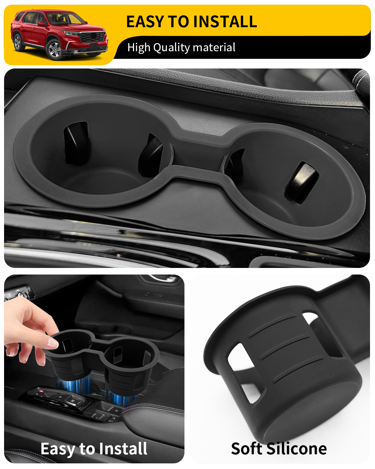 Maxzina Cup Holder Compatible with 2023-2025 Honda Pilot Car Center Console Cup Holder Silicone Insert Storage Box Interior Armrest Organizer for 2024 2025 Honda Ridgeline&Passport Accessories (Black)