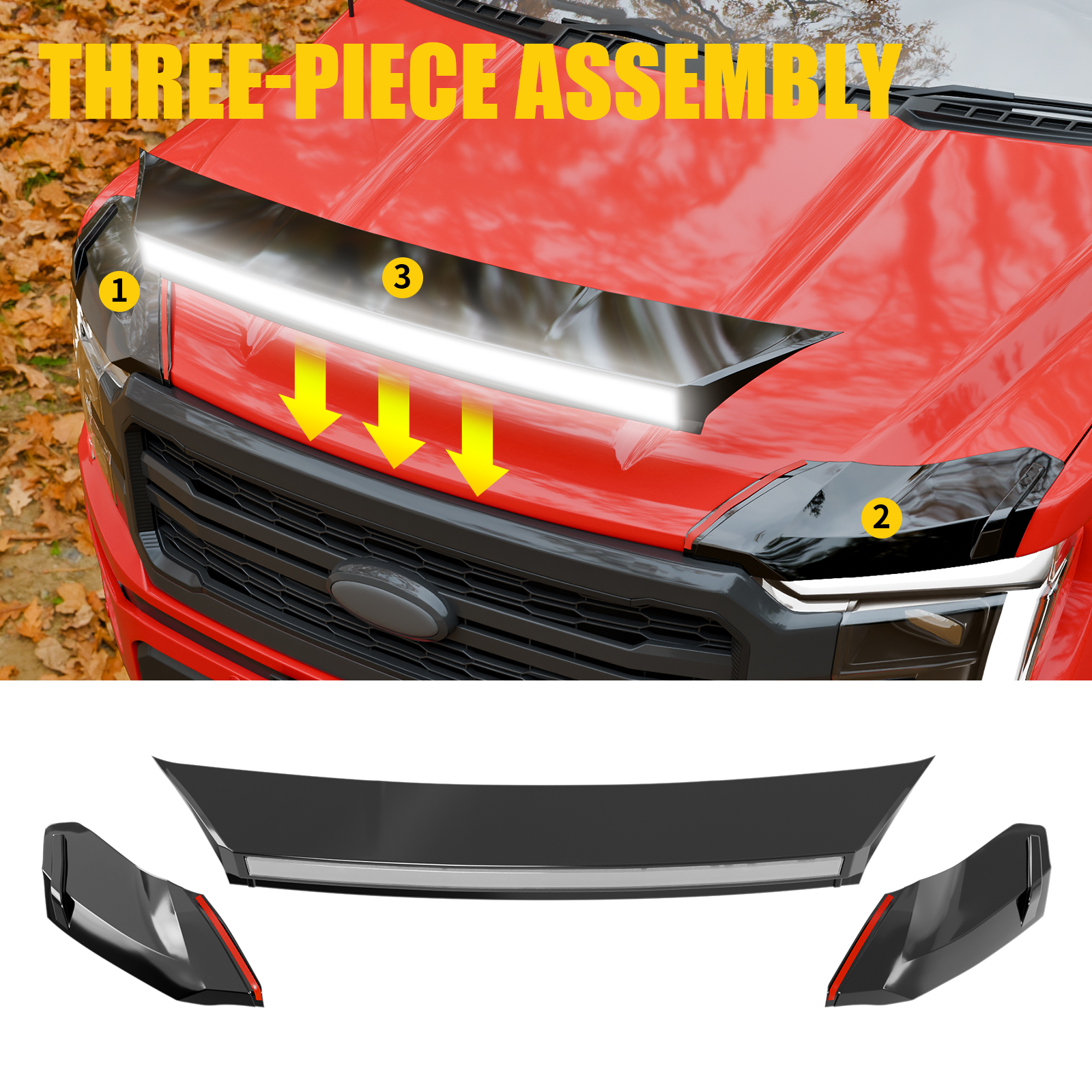 Maxzina ABS Hood Protector with LED Lights Compatible with 2021-2026 Ford F150 XL/STX/XLT/Lariat Hood Shield Bug Deflector 3-Piece Bonnet Guard for 2025 Ford F-150 Accessories (Strip White Light)