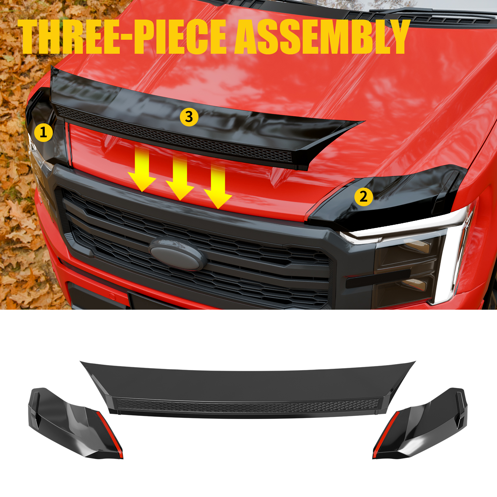 Maxzina ABS Hood Protector Compatible with 2021-2026 Ford F150 XL/STX/XLT/Lariat Hood Shield Bug Deflector 3-Piece Bonnet Guard for 2025 Ford F-150 Accessories