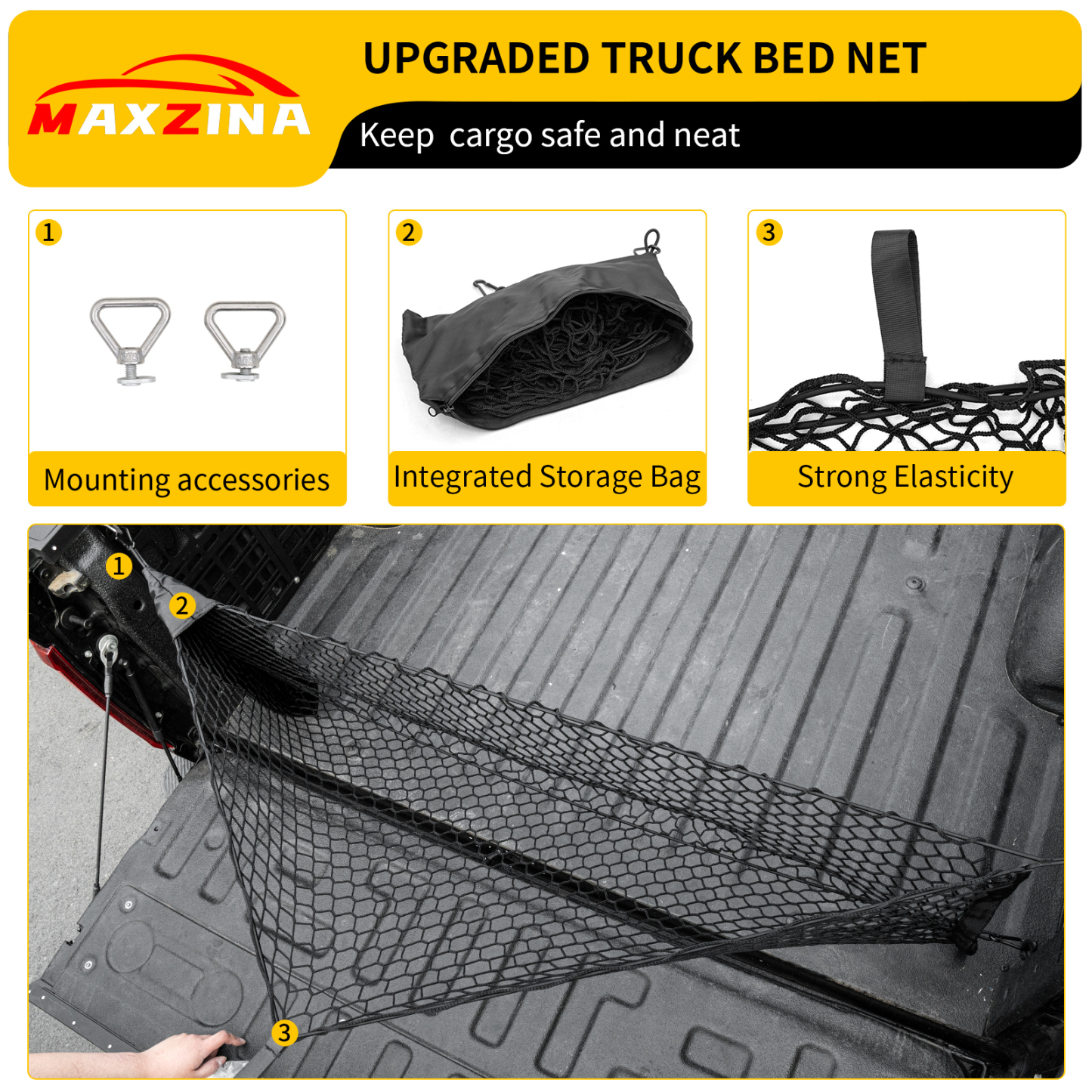 Maxzina Cargo Net Compatible with 2015-2025 Ford F150 2017+ F250 F350 F450 Truck Bed Cargo Net 4.10'×1.51' Double Layer Envelope Style Dense Mesh Trunk Organizer