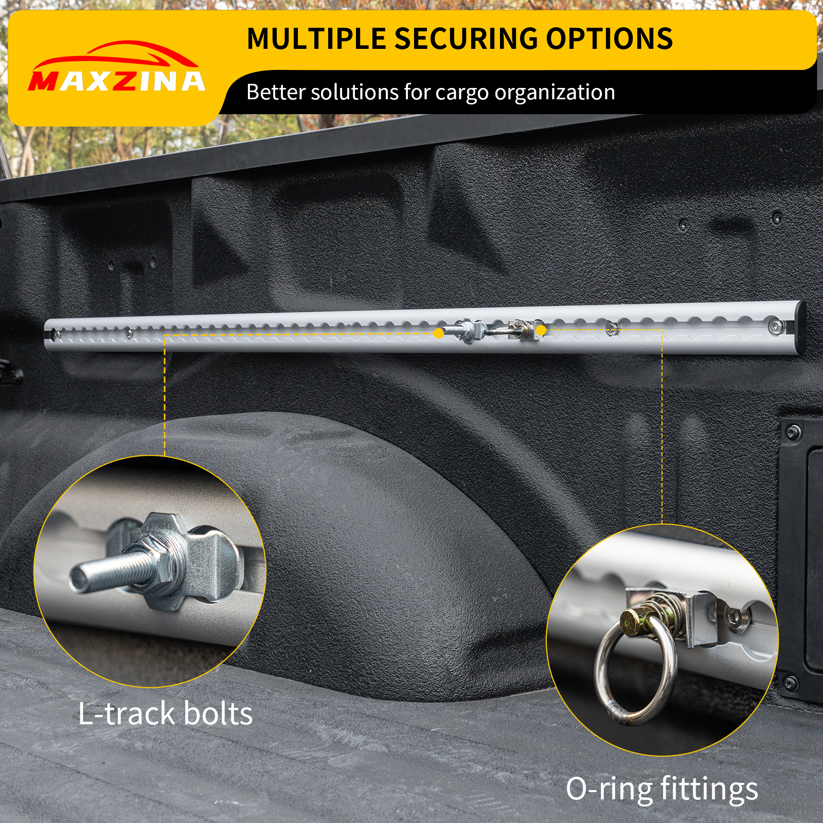 Maxzina Trail Rail System Compatible with 2015-2025 Ford F150 L-Track Side Rail Track Aluminum Alloy Silver Cargo Management Truck Bed Rail Tie Down System