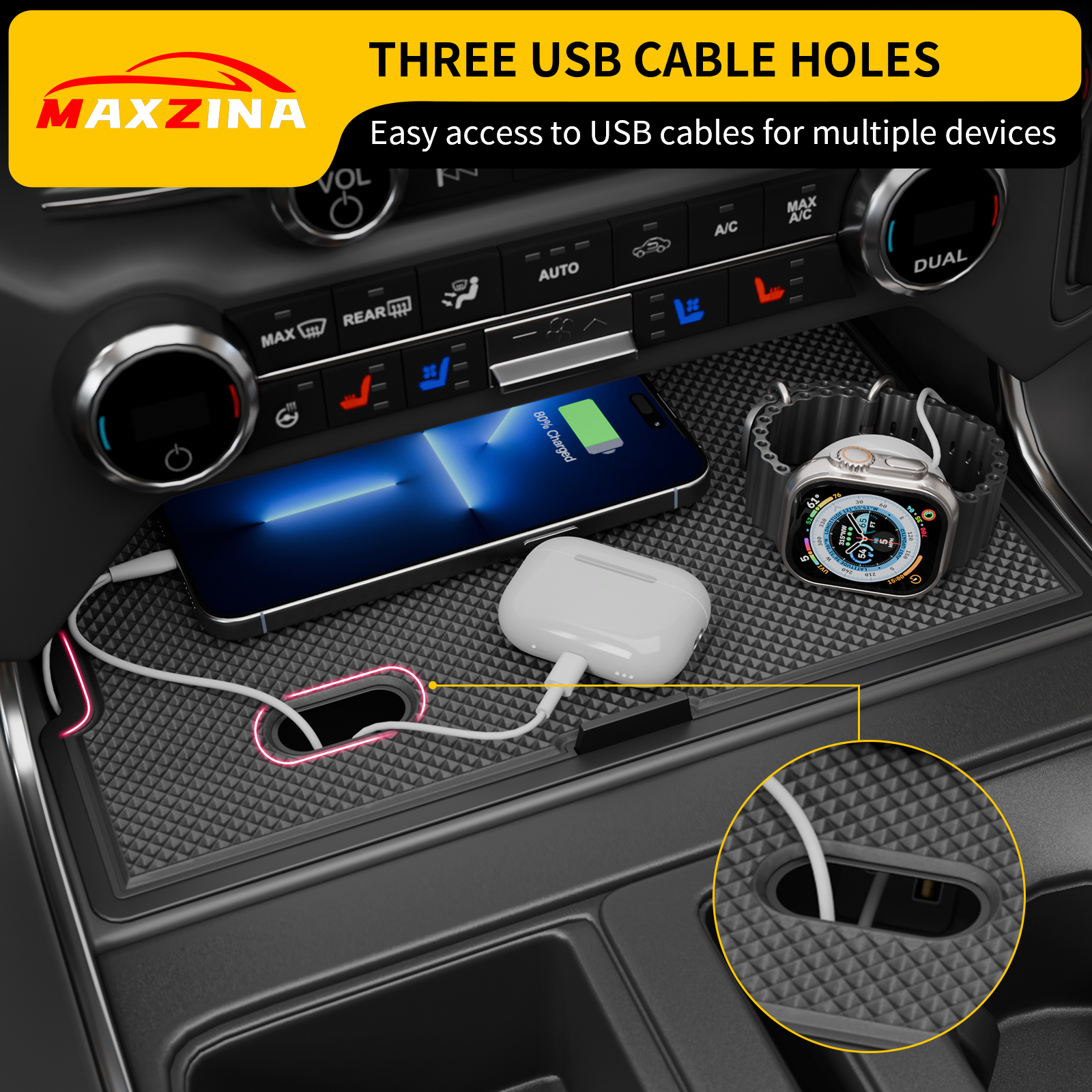 Maxzina Center Console Compartment Cover Compatible with 2021-2025 F150 & 2022-2025 F150 Lightning XLT Gear Shifter Front Hidden Pocket Lid with 3 USB Hole Secret Panel (Open Pocket W/O Lid ONLY)