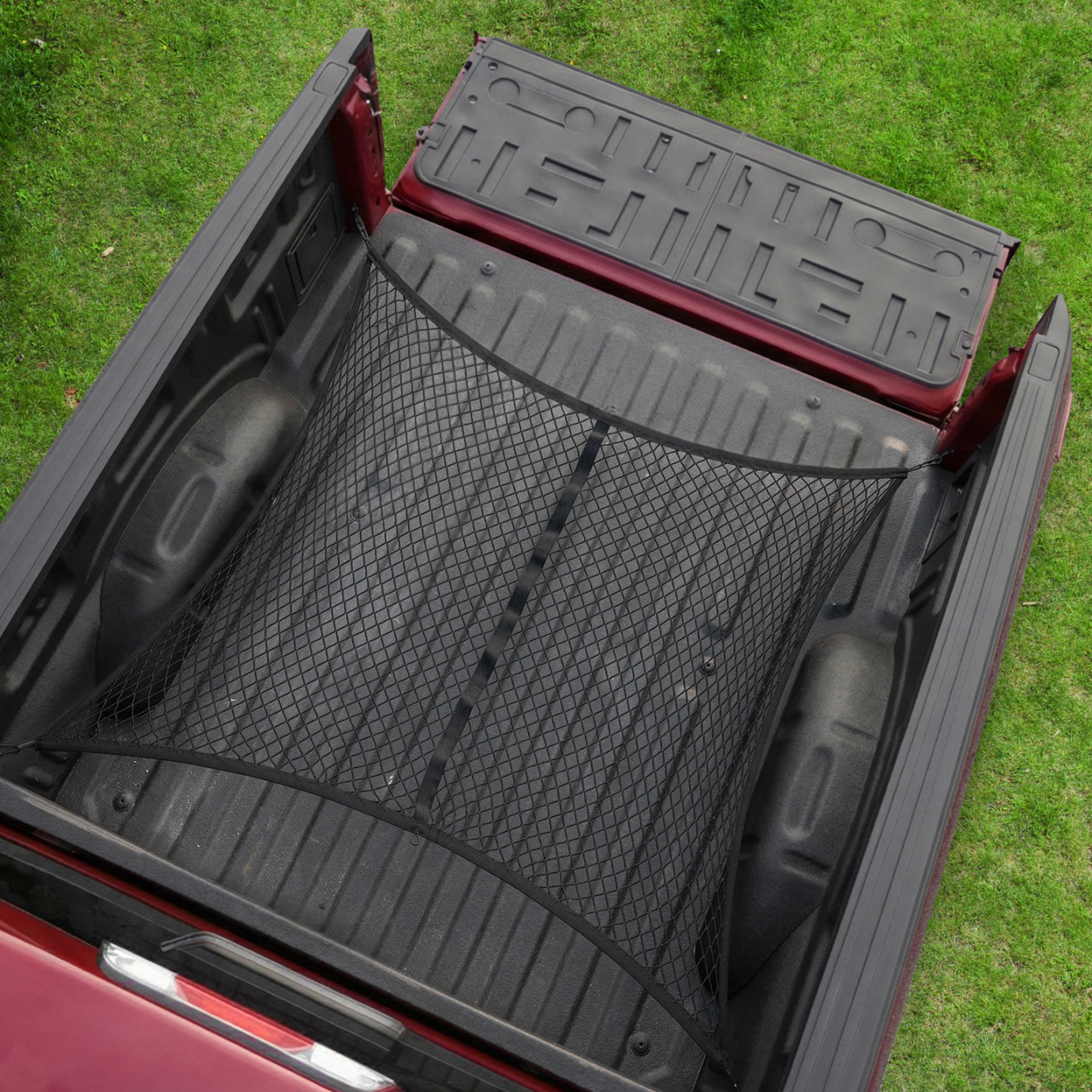 Maxzina Tailgate Mat Compatible with 2021-2025 2026 Ford F150 Tailgate Liner TPE with Cargo Net 4'×4' Single Layer Elastic 8 Hooks for 2024 Ford F-150 Accessories