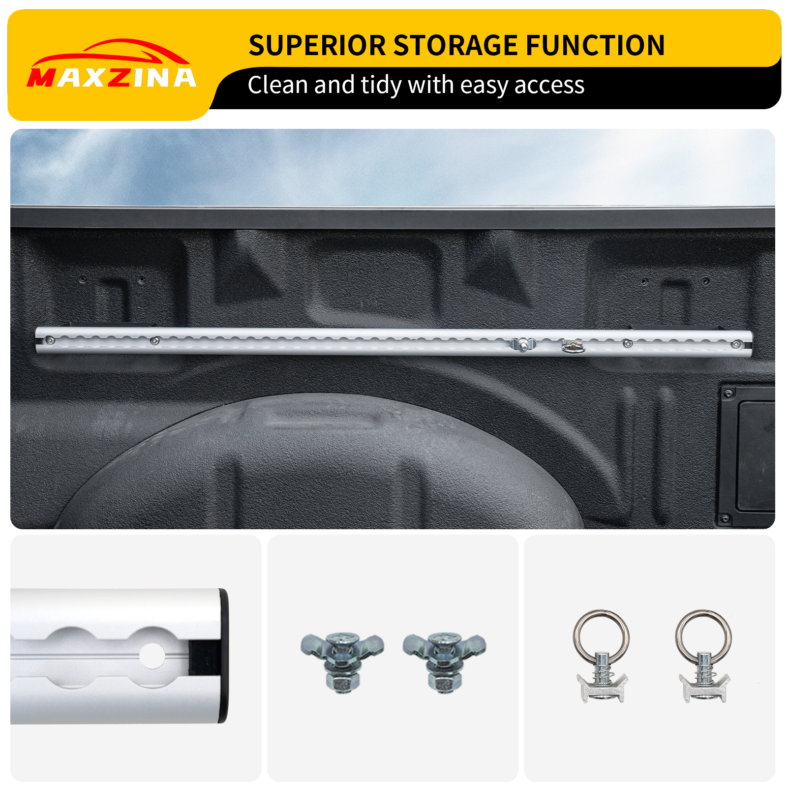 Maxzina Trail Rail System Compatible with 2015-2025 Ford F150 L-Track Side Rail Track Aluminum Alloy Silver Cargo Management Truck Bed Rail Tie Down System