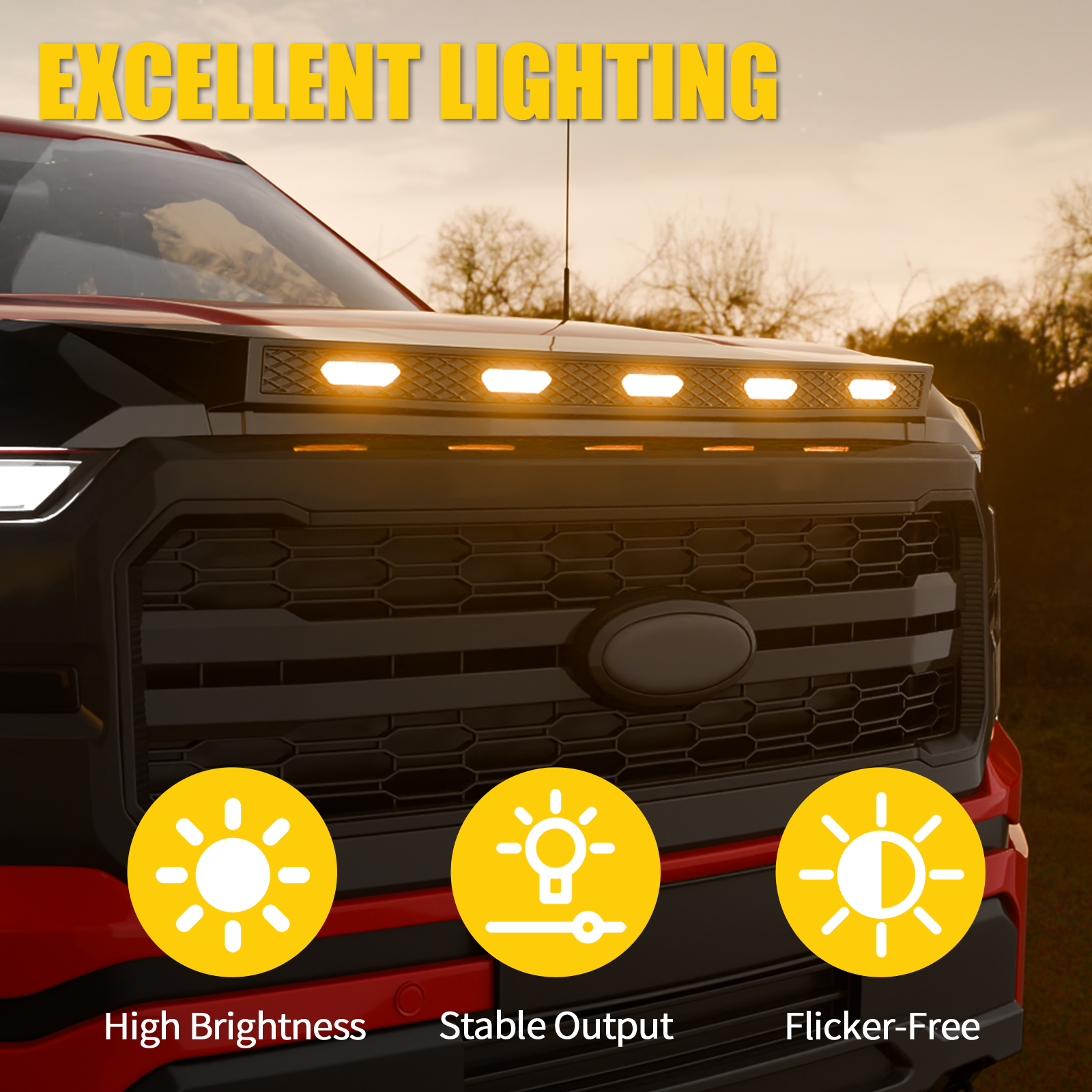 Maxzina ABS Hood Protector with LED Lights Compatible with 2021-2026 Ford F150 XL/STX/XLT/Lariat Hood Shield Bug Deflector 3-Piece Bonnet Guard for 2025 Ford F-150 Accessories (Amber Lights)