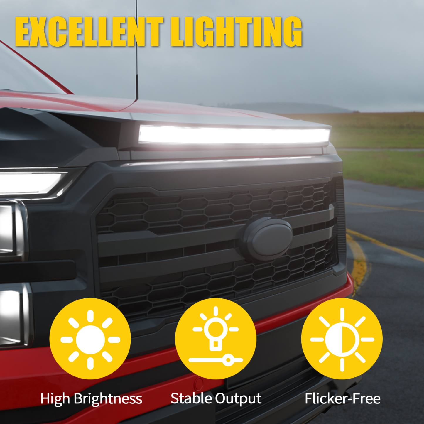 Maxzina ABS Hood Protector with LED Lights Compatible with 2021-2026 Ford F150 XL/STX/XLT/Lariat Hood Shield Bug Deflector 3-Piece Bonnet Guard for 2025 Ford F-150 Accessories (Strip White Light)
