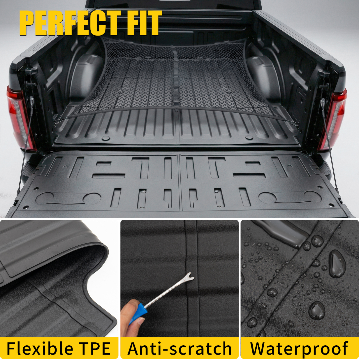 Maxzina Truck Bed Mat Compatible with 2021-2025 2026 Ford F150 5.5FT Tailgate Mat Bed TPE Cargo Liner with Cargo Net 4'×4' Single Layer Elastic 8 Hooks for 2024 Ford F-150 Accessories