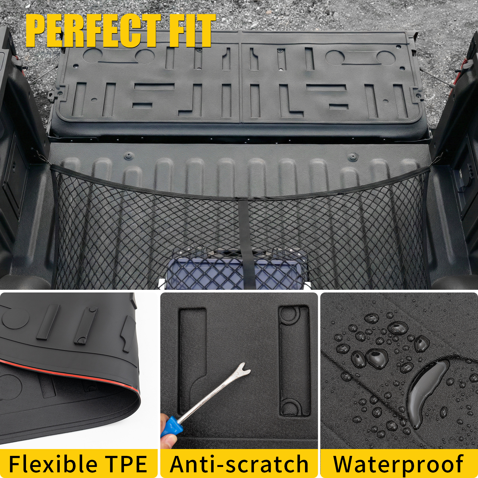 Maxzina Tailgate Mat Compatible with 2021-2025 2026 Ford F150 Tailgate Liner TPE with Cargo Net 4'×4' Single Layer Elastic 8 Hooks for 2024 Ford F-150 Accessories