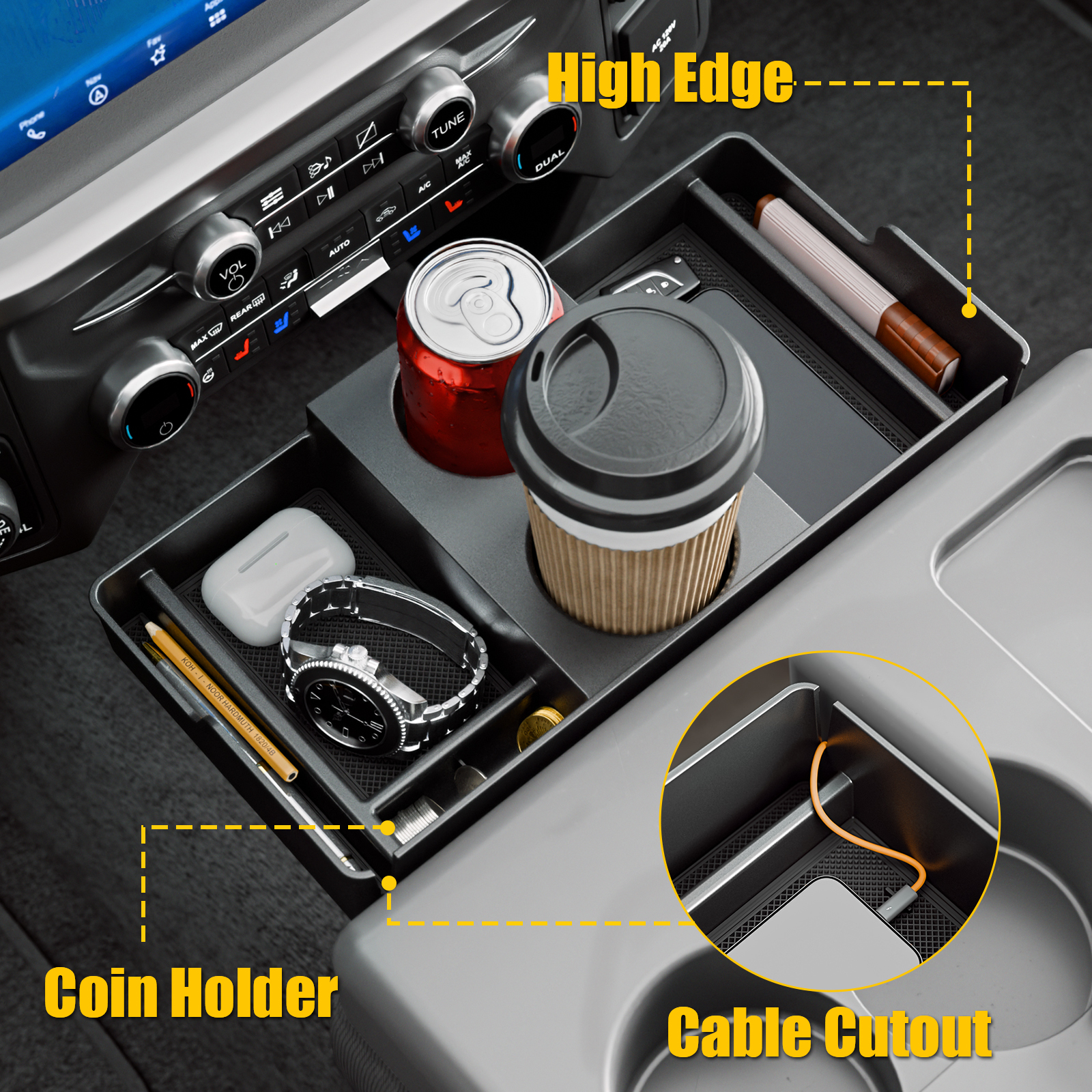 Maxzina Front Center Seat Headrest Organizer Compatible with 2011-2025 2026 Ford F150 F250 F350 F450 F550 F650 (Only for Jump Seat Console) Coin Container Storage Box with Non-Slip Silicone Pad