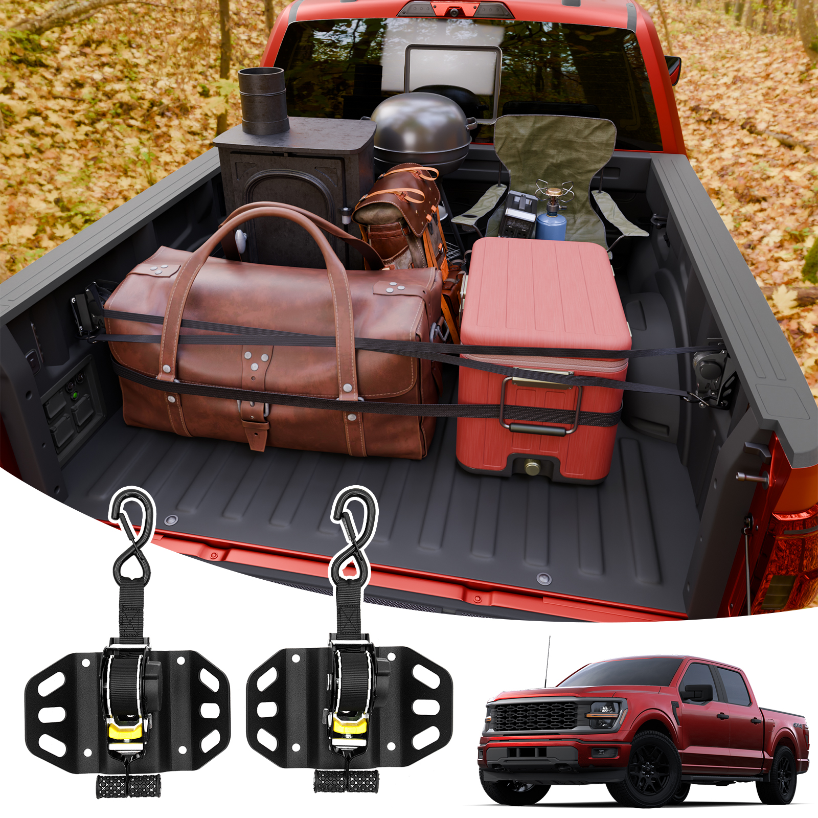 Maxzina Retractable Ratchet Straps for 2015-2025 2026 Ford F150 Retracting Straps 2PCS Auto Retract Securing Strap Tie Down System