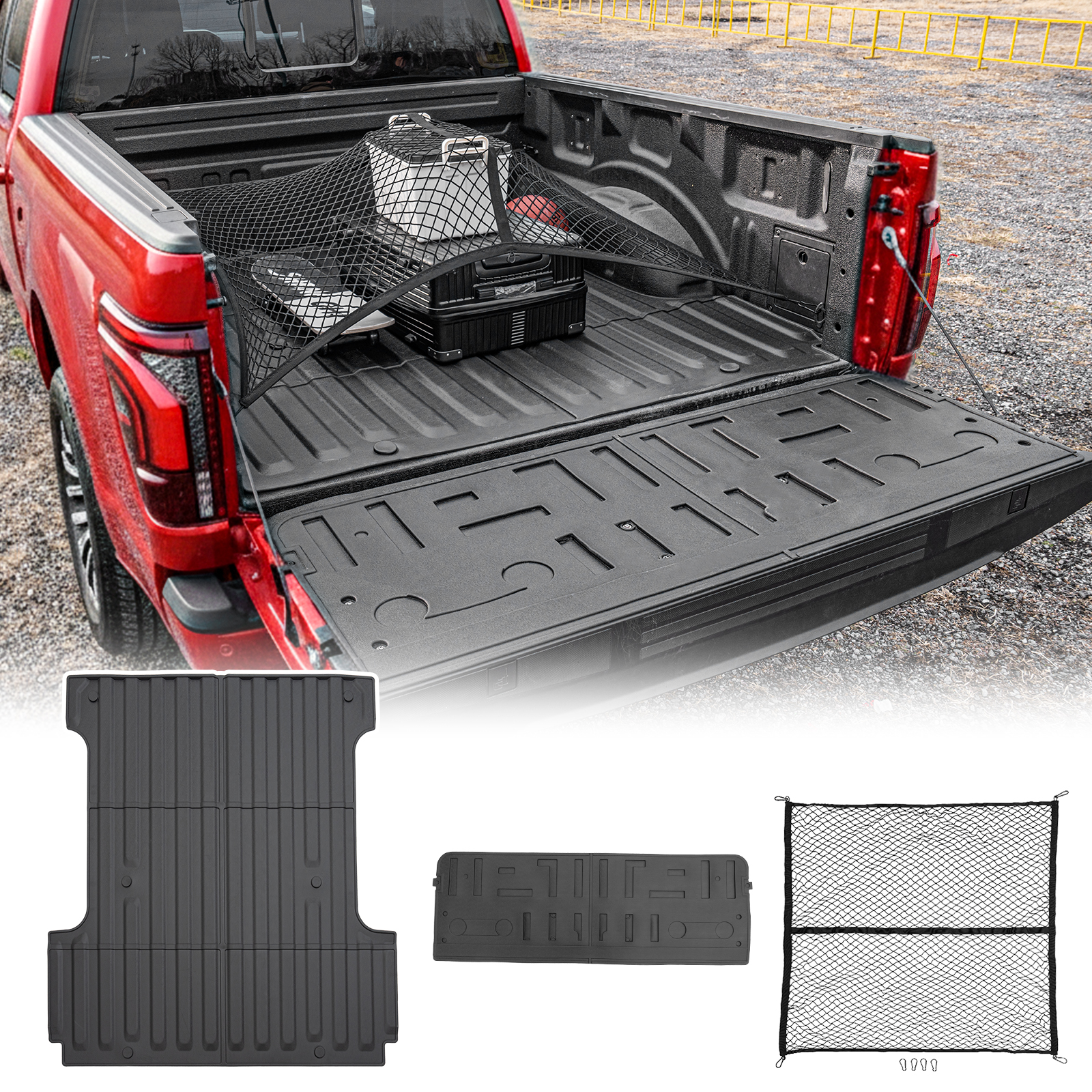 Maxzina Truck Bed Mat Compatible with 2021-2025 2026 Ford F150 5.5FT Tailgate Mat Bed TPE Cargo Liner with Cargo Net 4'×4' Single Layer Elastic 8 Hooks for 2024 Ford F-150 Accessories