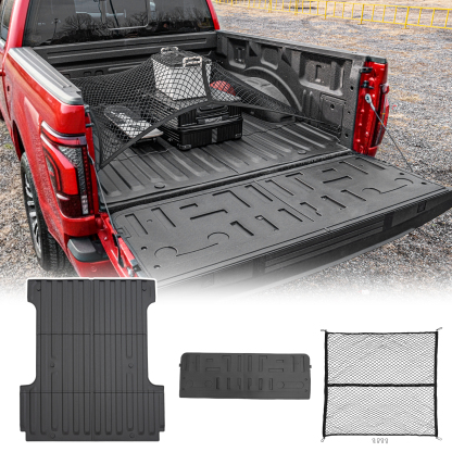 Maxzina Truck Bed Mat Compatible with 2021-2025 2026 Ford F150 5.5FT Tailgate Mat Bed TPE Cargo Liner with Cargo Net 4'×4' Single Layer Elastic 8 Hooks for 2024 Ford F-150 Accessories