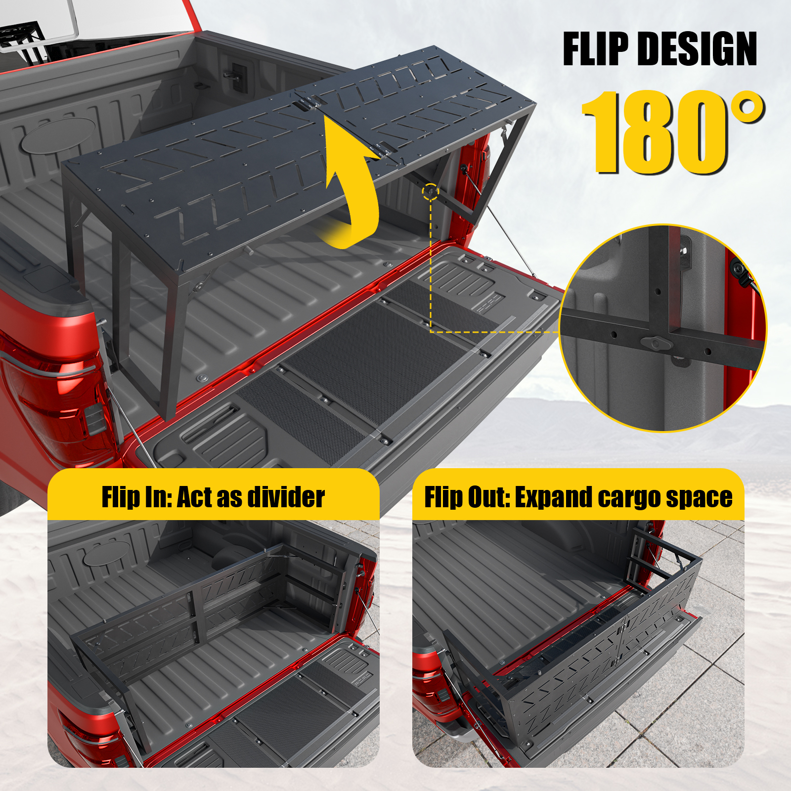 Tailgate Extender Compatible with 2015-2025 Ford F150 Flip-Over Pickup Truck Bed Divider Carbon Steel Rotatable Truck Bed Extension for 2024 F-150 Accessories