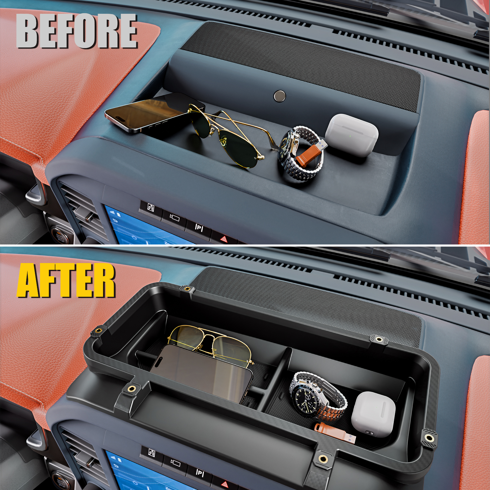 Maxzina Dashboard Storage Tray Compatible with 2021-2025 2026 Ford F150 Dash Insert Storage Organizer Compartment ABS Plastic Behind Screen Dashboard Storage Box for 2024 F-150 Accessories