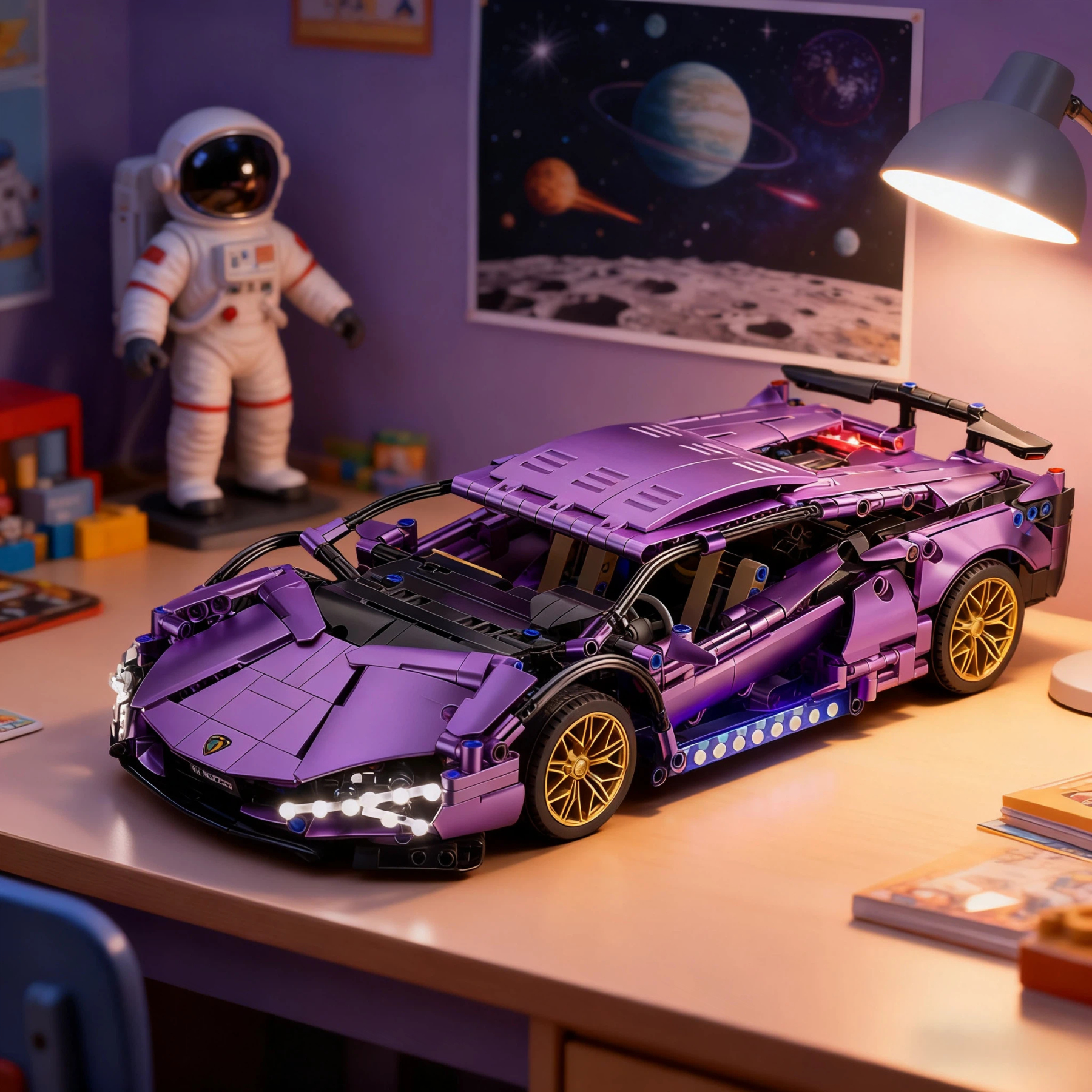Chrome Purple Supercar Brick Set – Remote-Control Light Edition🏎️
