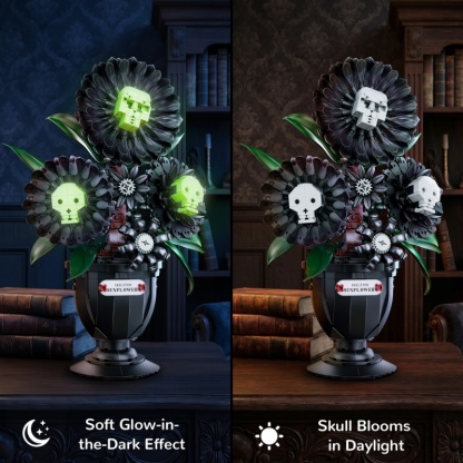 Dark-themed glow-in-the-dark skull flower pot building block set