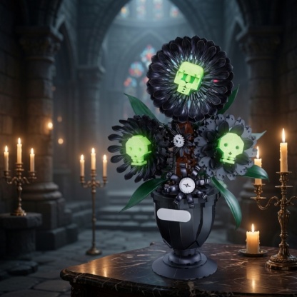 Dark-themed glow-in-the-dark skull flower pot building block set