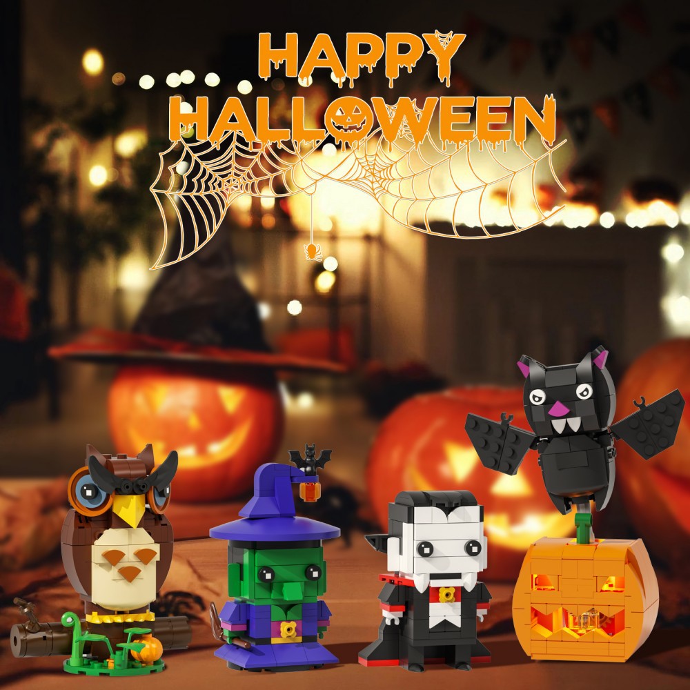 4-in-1 Halloween Building Kit – Witch, Vampire, Owl & Pumpkin