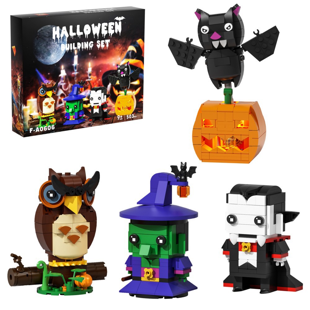 4-in-1 Halloween Building Kit – Witch, Vampire, Owl & Pumpkin