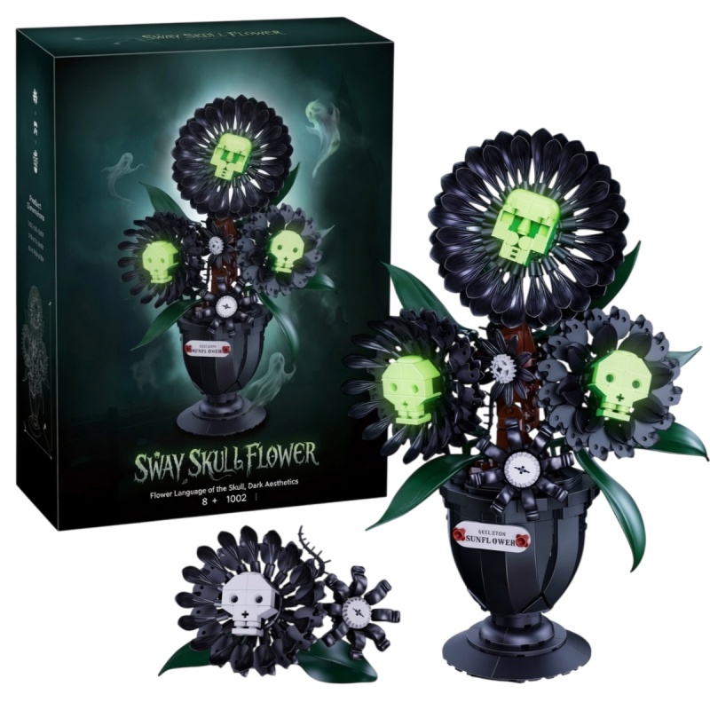 Dark-themed glow-in-the-dark skull flower pot building block set