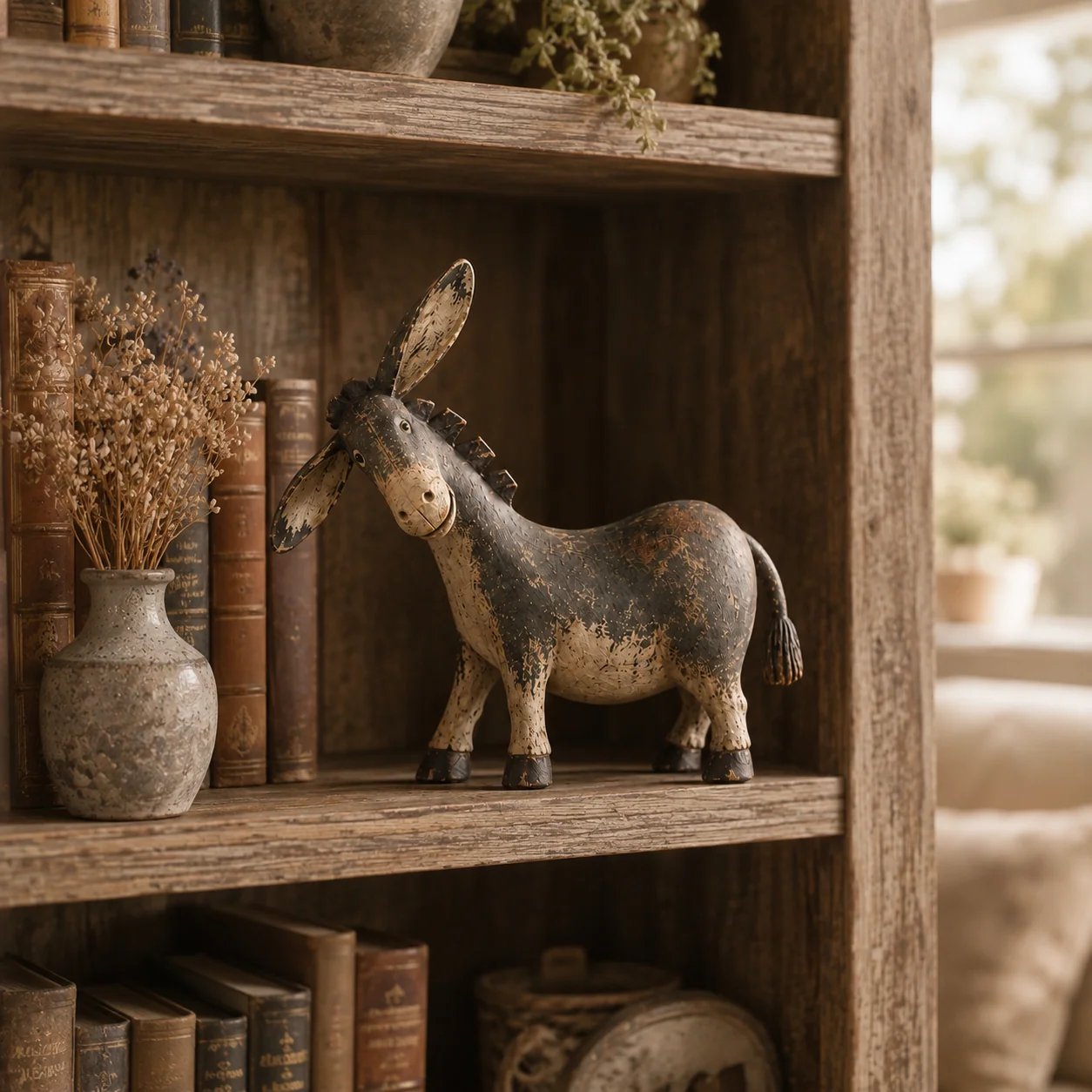 Rustic donkey figurine displayed on a farmhouse shelf