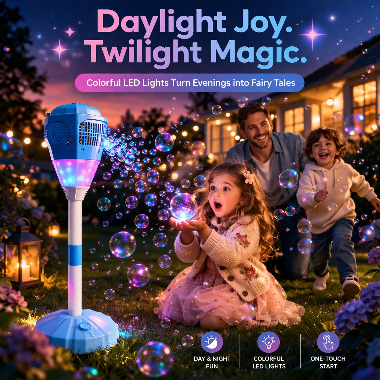 ✨ One-Button Bubble Machine – LED Lights, Day & Night Fun, for Kids & Parties ☃