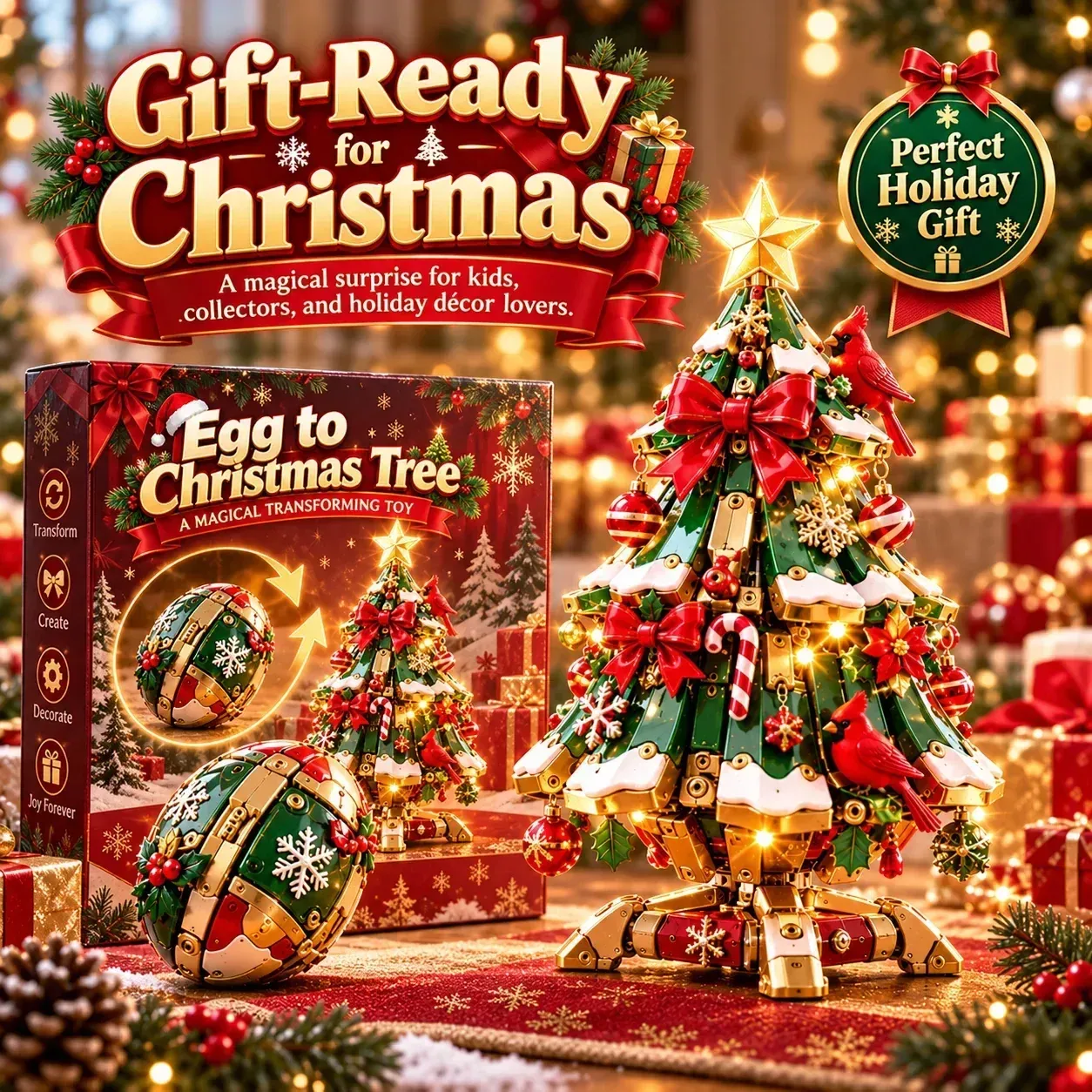 Christmas transforming egg and tree presented in a holiday gifting scene