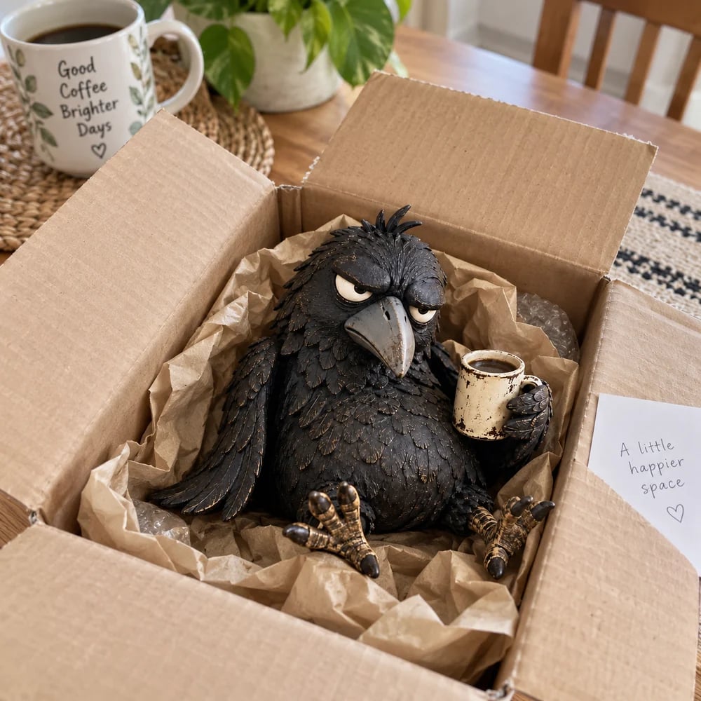 Rustic raven coffee figurine displayed in daylight