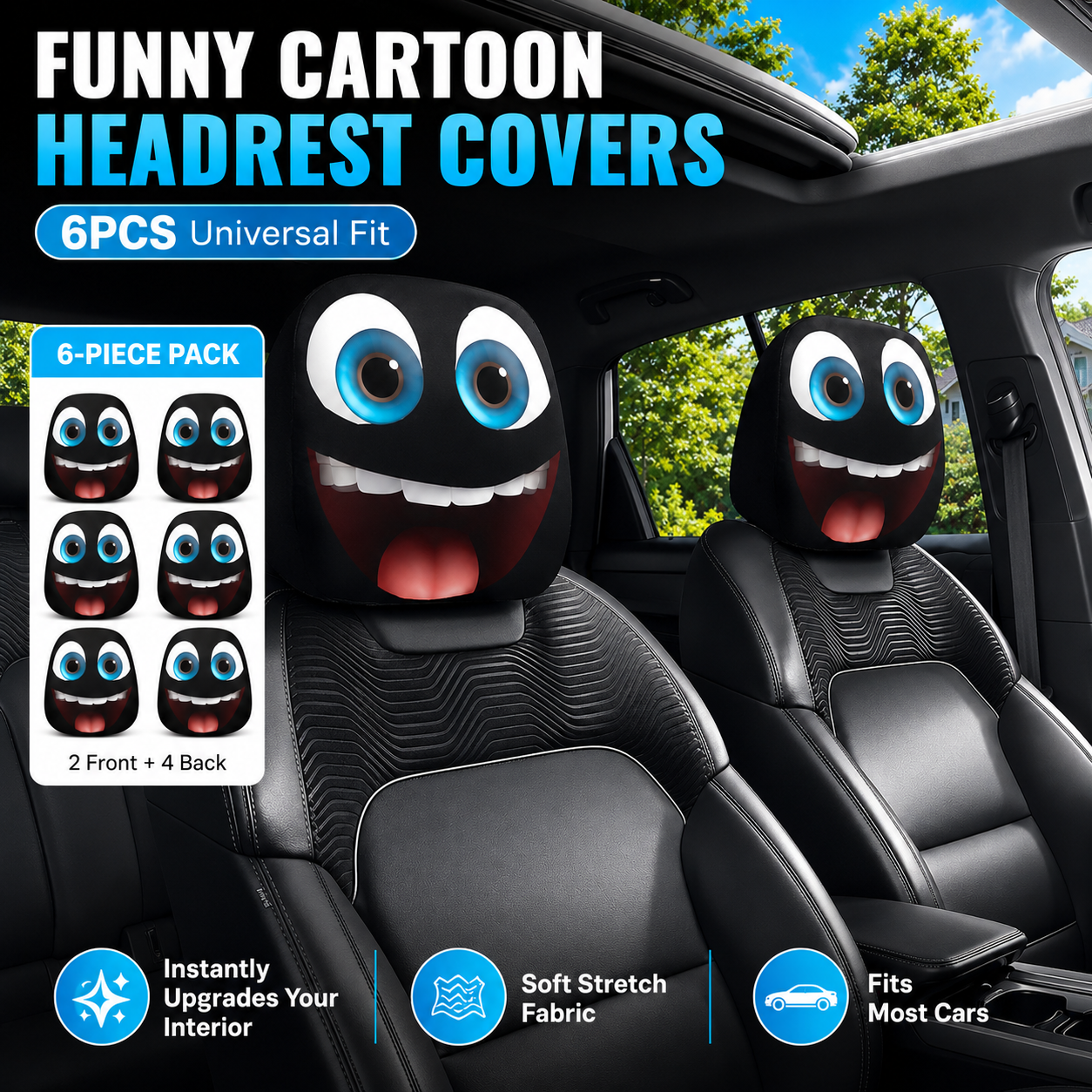 😆 Funny Cartoon Car Headrest Covers – 2PCS Universal Fit 🚗