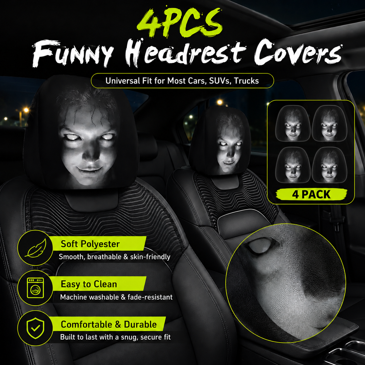 😆 Funny Cartoon Car Headrest Covers – 2PCS Universal Fit 🚗