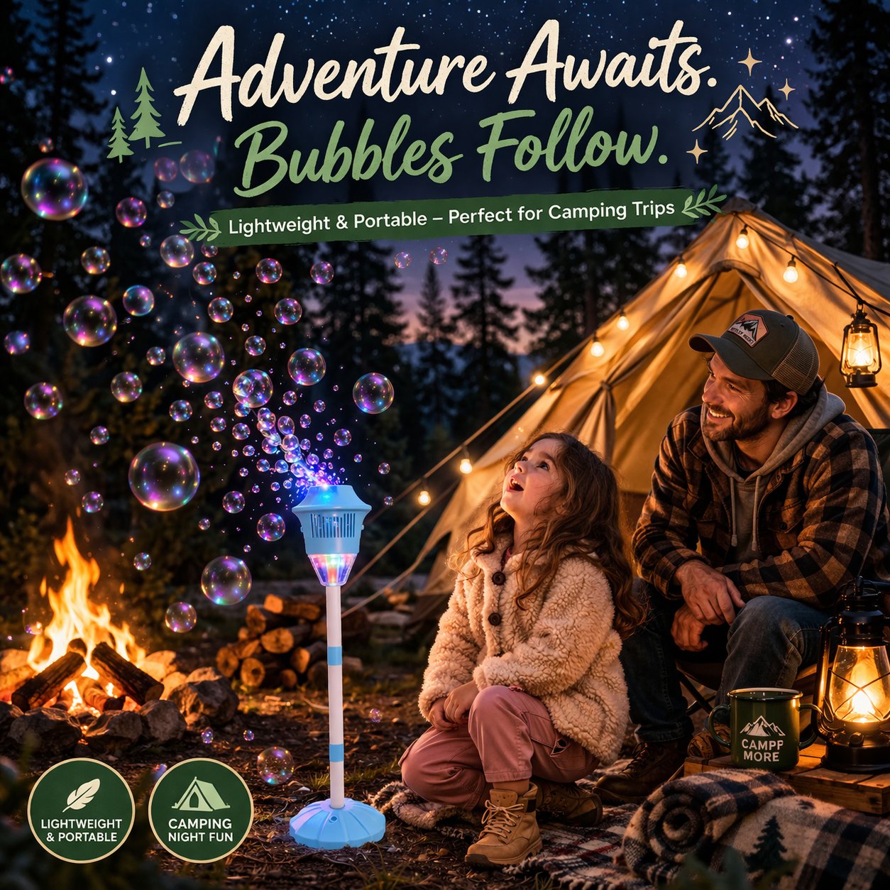 ✨ One-Button Bubble Machine – LED Lights, Day & Night Fun, for Kids & Parties ☃