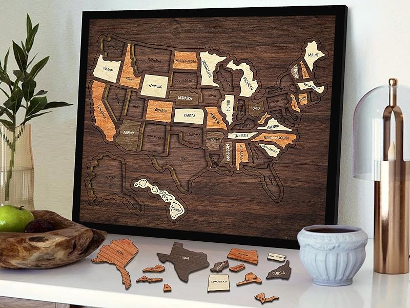 【Camdoor】Map Puzzle,  Wooden USA Travel Map Puzzle, Anniversary Gift,Geography puzzle for kids, or Couples and FamiliPerfect Fes Gift, Record Your Journeys, Memory Maker, Home Decor, Travel tracker wall art, Analogue Bag, Unique gifts for travelers