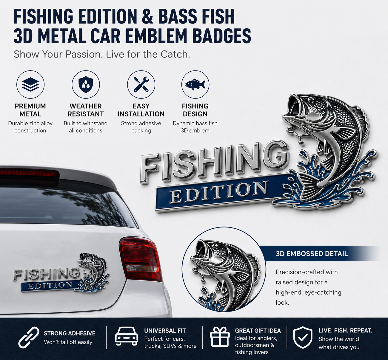 🎣 Fishing Edition 3D Metal Car Emblem Badge