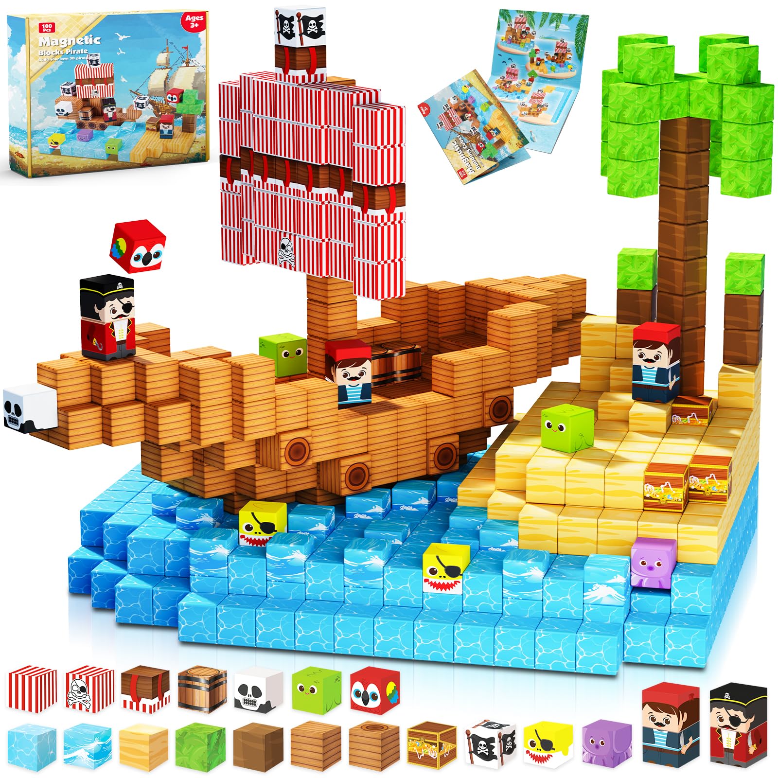 Magnetic Building Blocks - 100PCS Pirate Ship World Set - Magnetic Building Blocks Cube Stacking, STEM Montessori Sensory Toys, Suitable for 3 4 5 6 7 8 9 10 Easter Birthday Gift