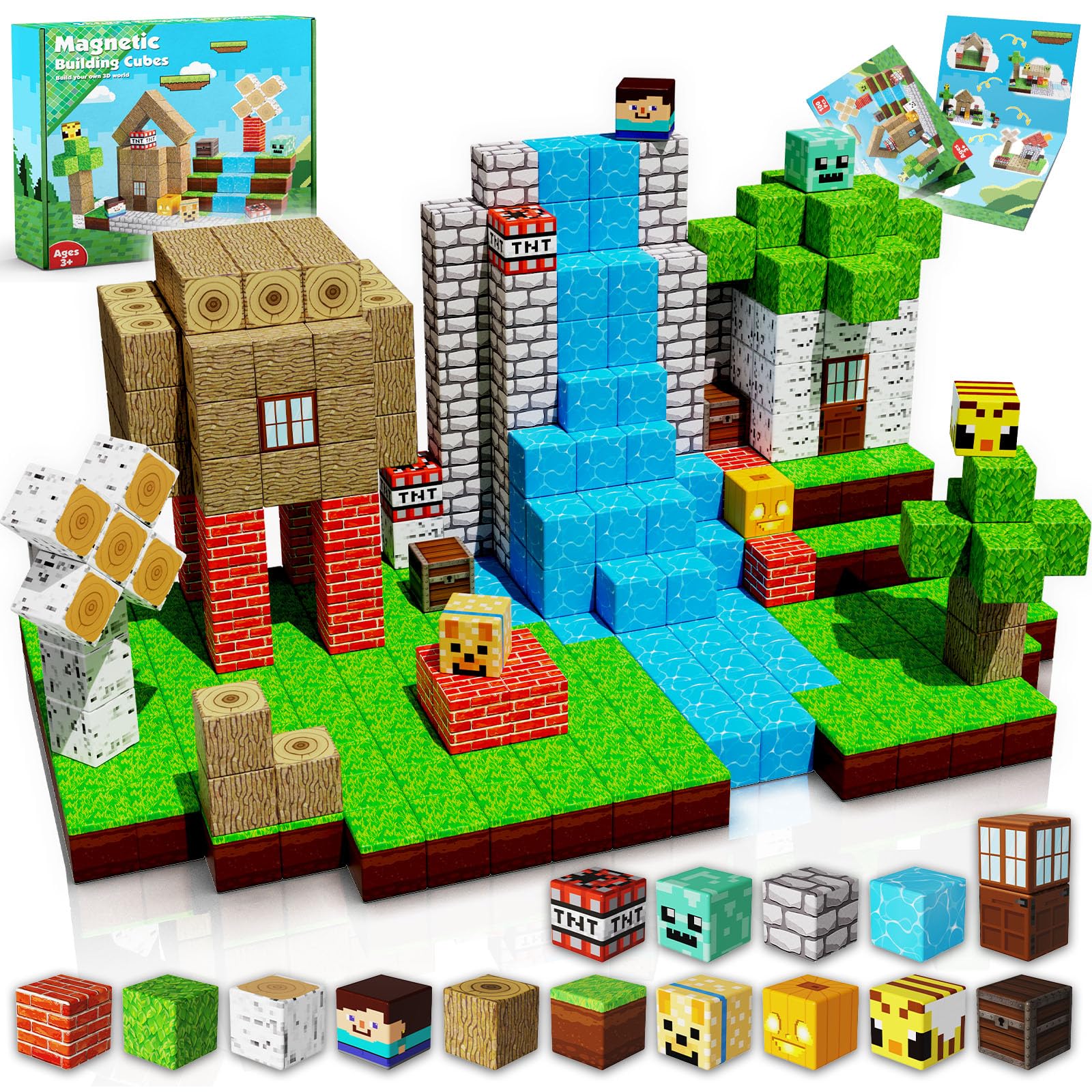 Magnetic Building Blocks - 100 Pieces Magnetic Building Blocks Magnet Cube Toys Stacking, Build a Forest World Set, STEM Montessori Sensory Toys, Suitable for 3 4 5 6 7 8 9 10 Easter Birthday Gift