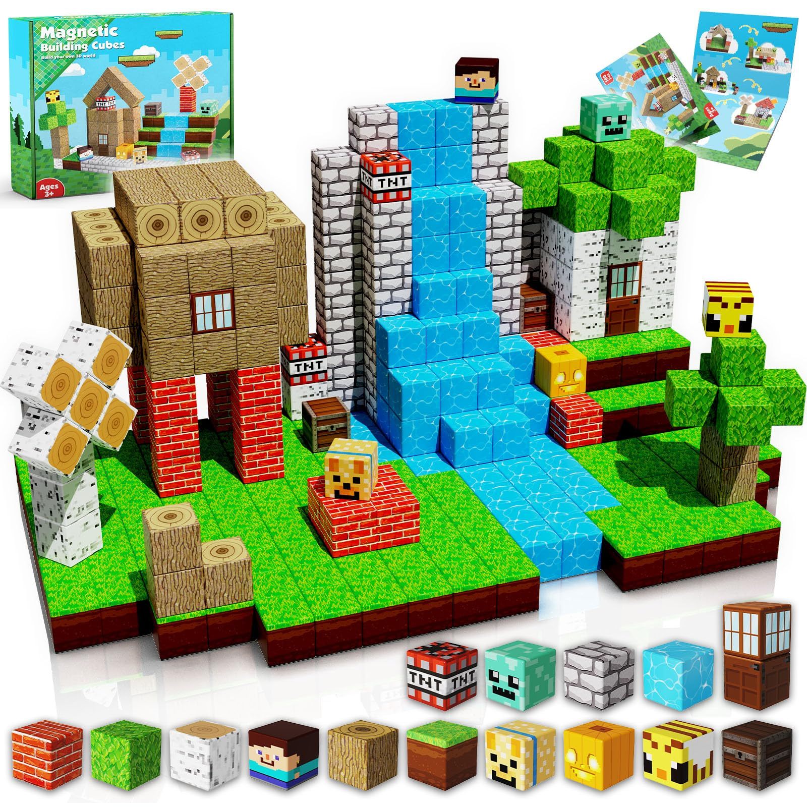 Magnetic Building Blocks - 100 Pieces Magnetic Building Blocks Magnet Cube Toys Stacking, Build a Forest World Set, STEM Montessori Sensory Toys, Suitable for 3 4 5 6 7 8 9 10 Easter Birthday Gift