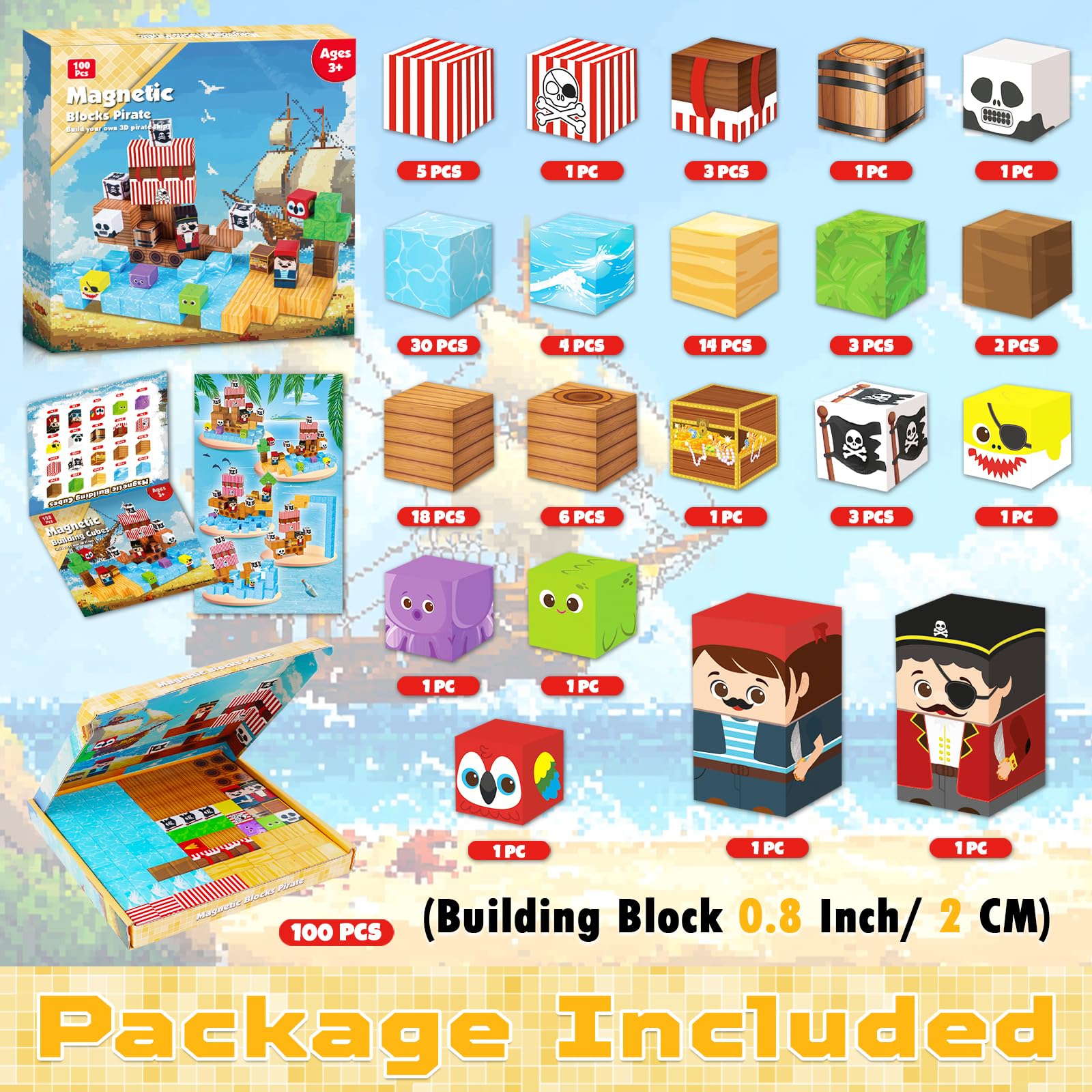 Magnetic Building Blocks - 100PCS Pirate Ship World Set - Magnetic Bui